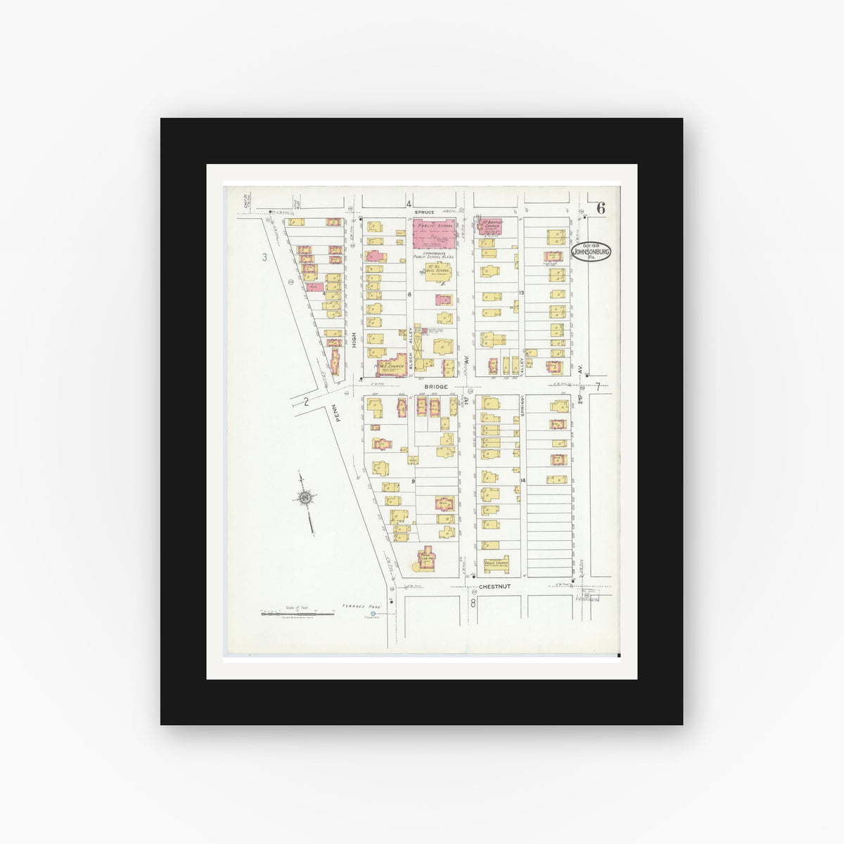 Old map wall art mockup — black gallery frame with white mat — Sanborn Fire Insurance Map from Johnsonburg, Elk County, Pennsylvania (1919), Sheet #0006