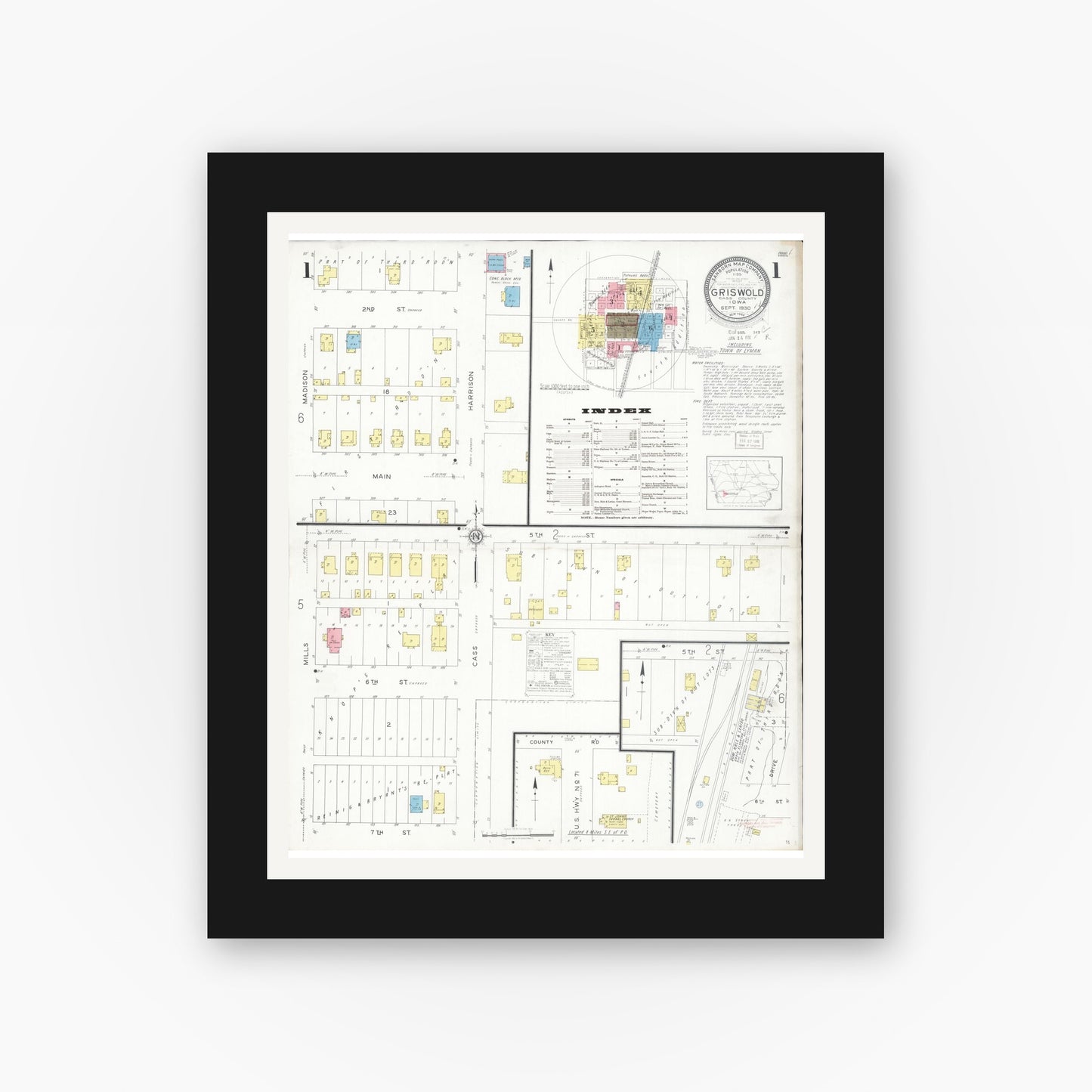 Old map wall art mockup — black gallery frame with white mat — Sanborn Fire Insurance Map from Griswold, Cass County, Iowa (1930), Sheet #0001