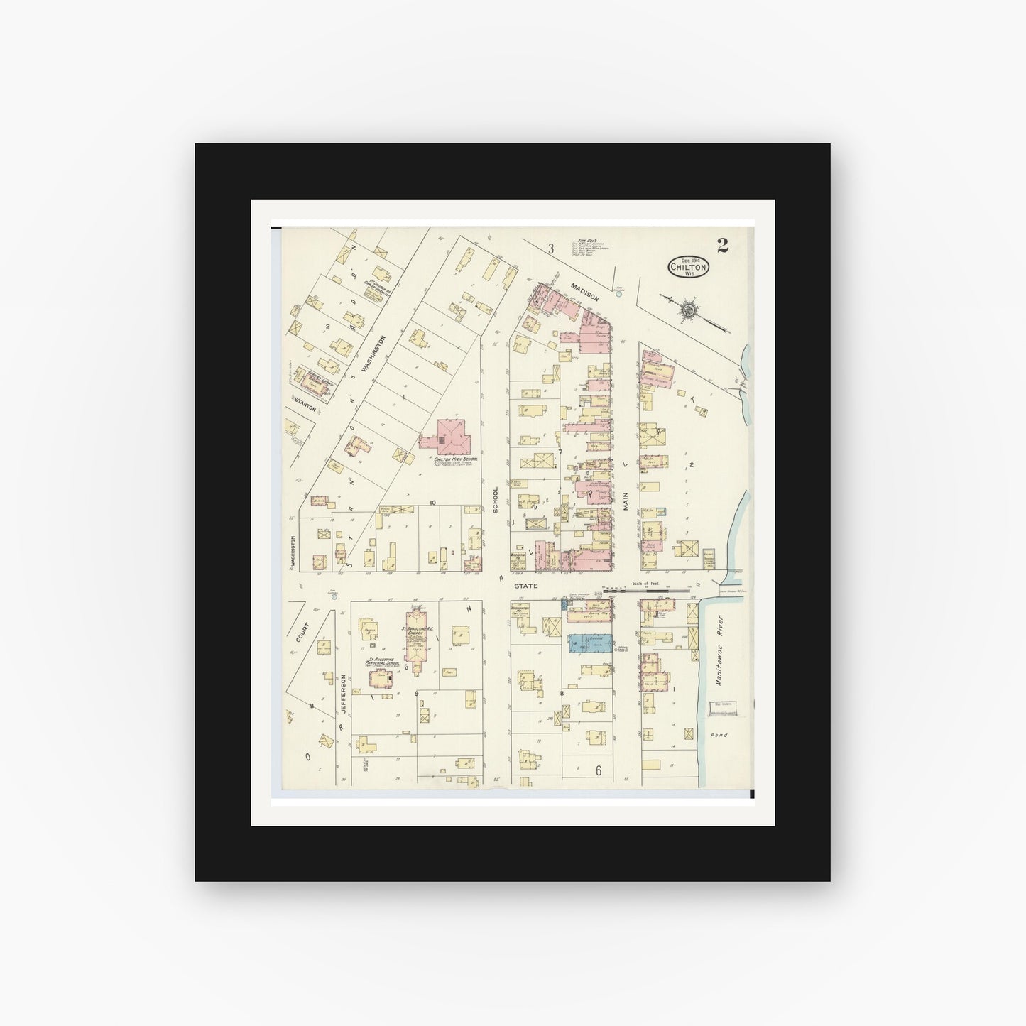 Old map wall art mockup — black gallery frame with white mat — Sanborn Fire Insurance Map from Chilton, Calumet County, Wisconsin (1914), Sheet #0002