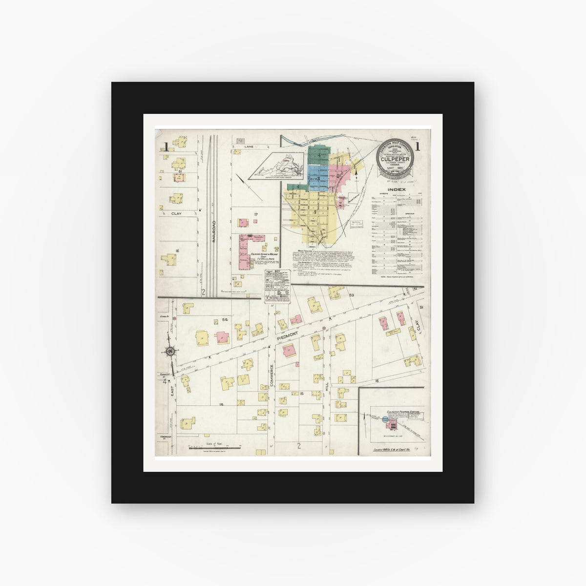 Old map wall art mockup — black gallery frame with white mat — Sanborn Fire Insurance Map from Culpeper, Culpeper County, Virginia (1924), Sheet #0001