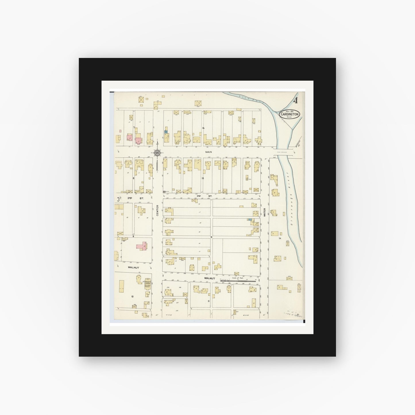 Old map wall art mockup — black gallery frame with white mat — Sanborn Fire Insurance Map from Cardington, Morrow County, Ohio (1912), Sheet #0004