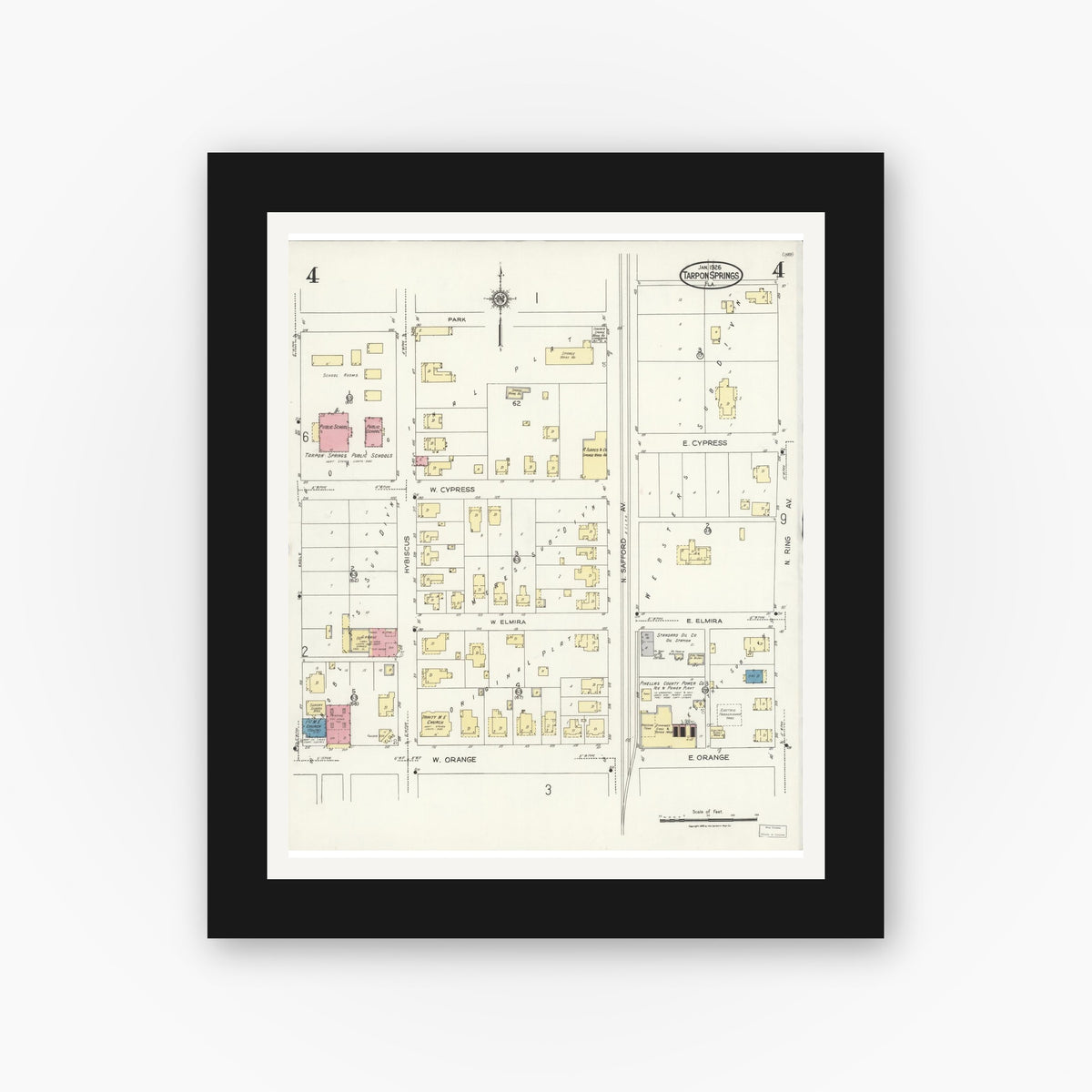 Old map wall art mockup — black gallery frame with white mat — Sanborn Fire Insurance Map from Tarpon Springs, Pinellas County, Florida (1926), Sheet #0004