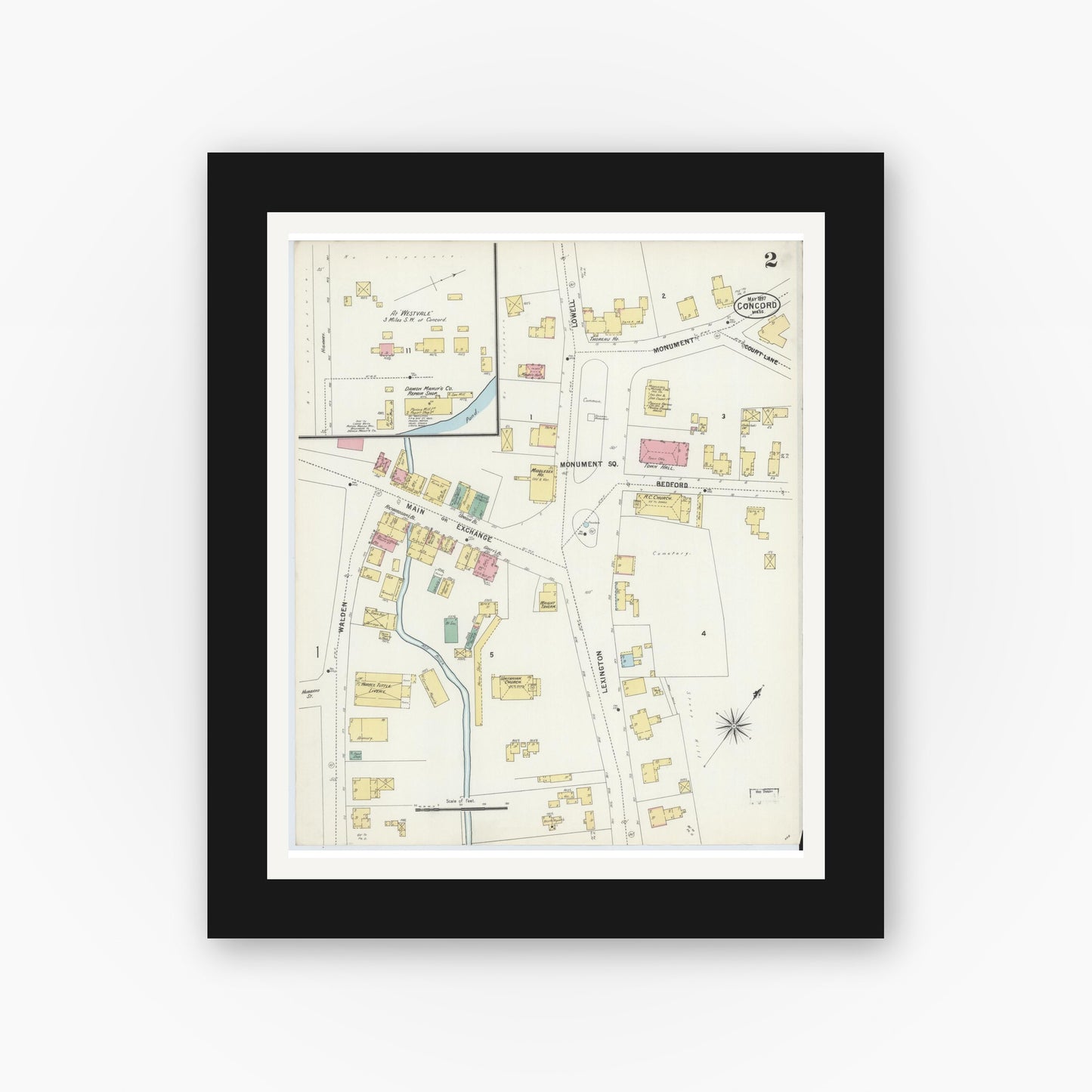 Old map wall art mockup — black gallery frame with white mat — Sanborn Fire Insurance Map from Concord, Middlesex County, Massachusetts (1897), Sheet #0002