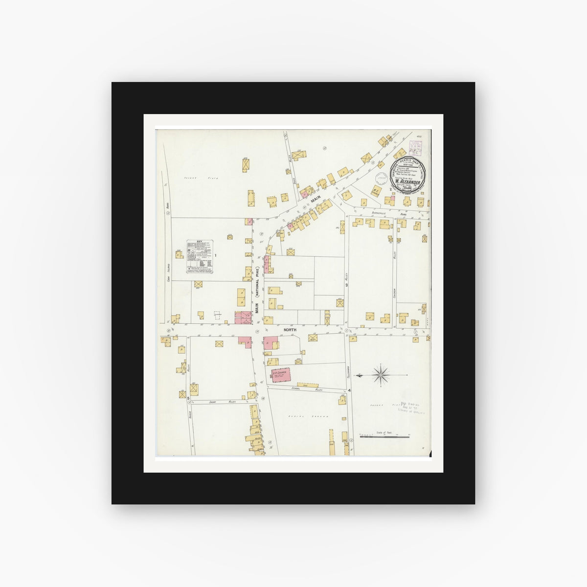 Old map wall art mockup — black gallery frame with white mat — Sanborn Fire Insurance Map from West Alexander, Washington County, Pennsylvania (1901), Sheet #0001