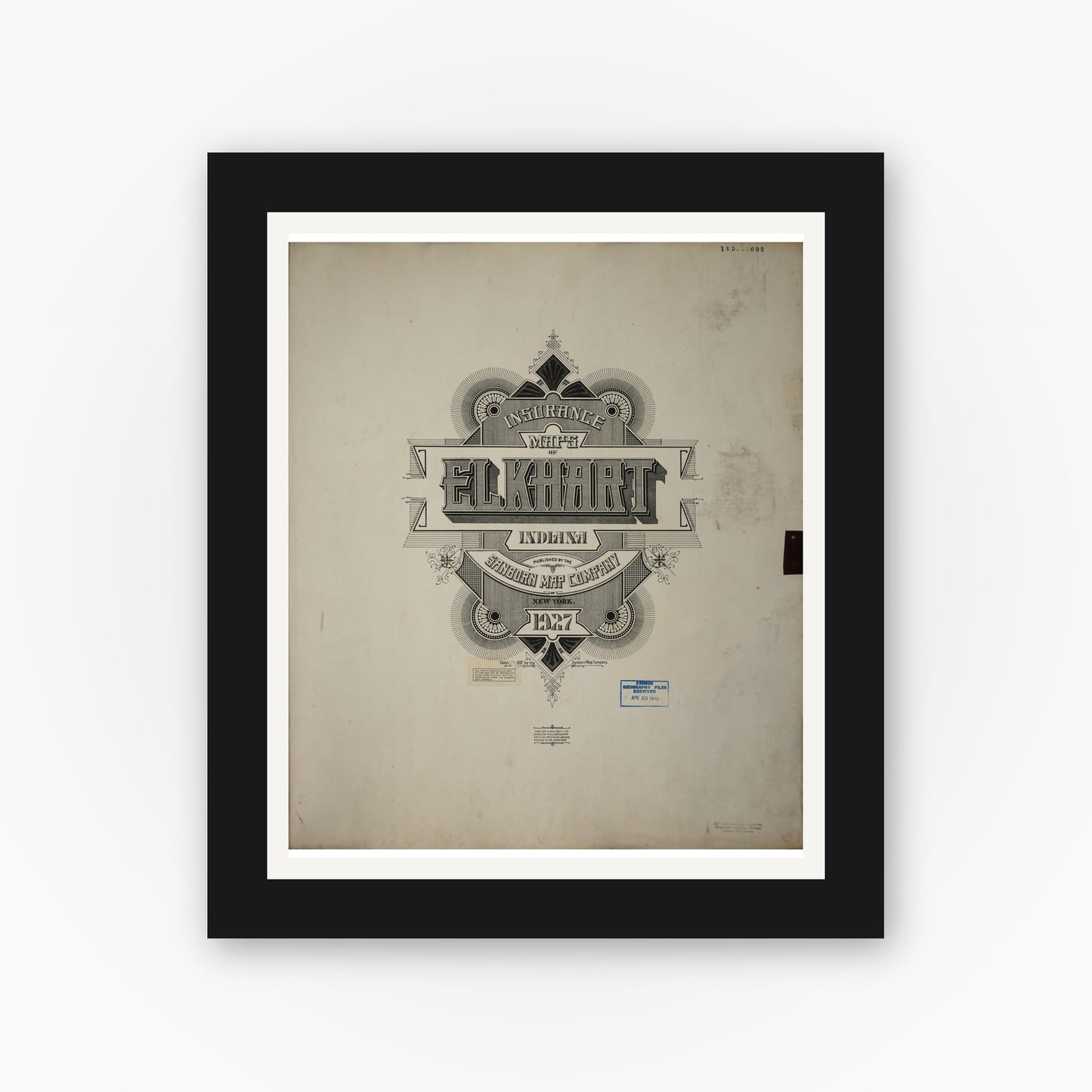 Old map wall art mockup — black gallery frame with white mat — Sanborn Fire Insurance Map from Elkhart, Elkhart County, Indiana (1950), Sheet #0001