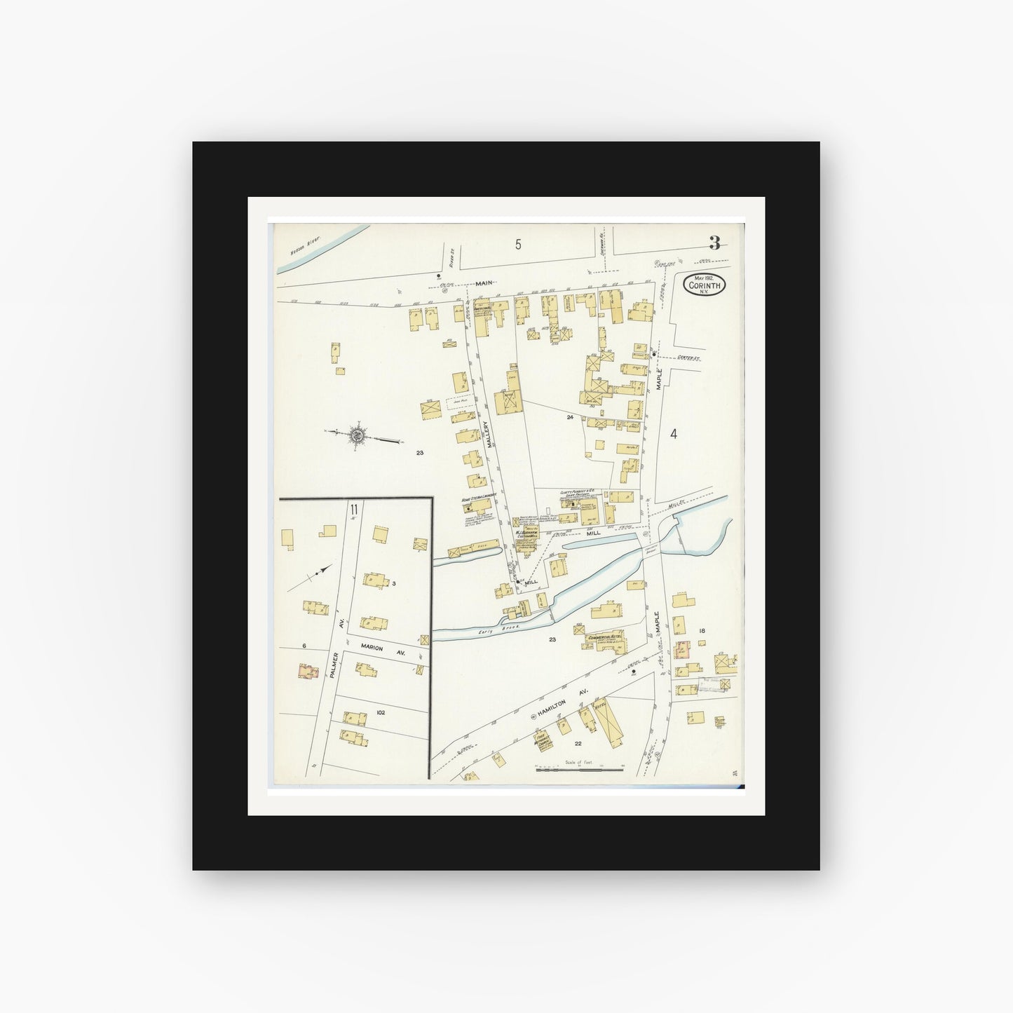 Old map wall art mockup — black gallery frame with white mat — Sanborn Fire Insurance Map from Corinth, Saratoga County, New York (1912), Sheet #0003