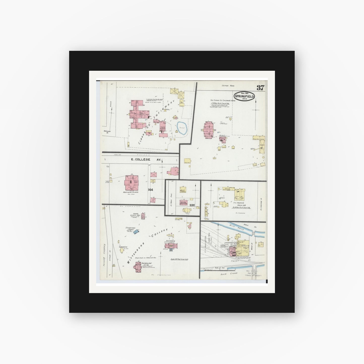 Old map wall art mockup — black gallery frame with white mat — Sanborn Fire Insurance Map from Springfield, Clark County, Ohio (1891), Sheet #0037