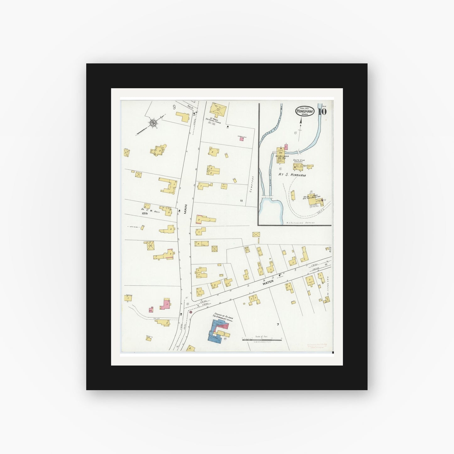 Old map wall art mockup — black gallery frame with white mat — Sanborn Fire Insurance Map from Hingham, Plymouth County, Massachusetts (1921), Sheet #0010