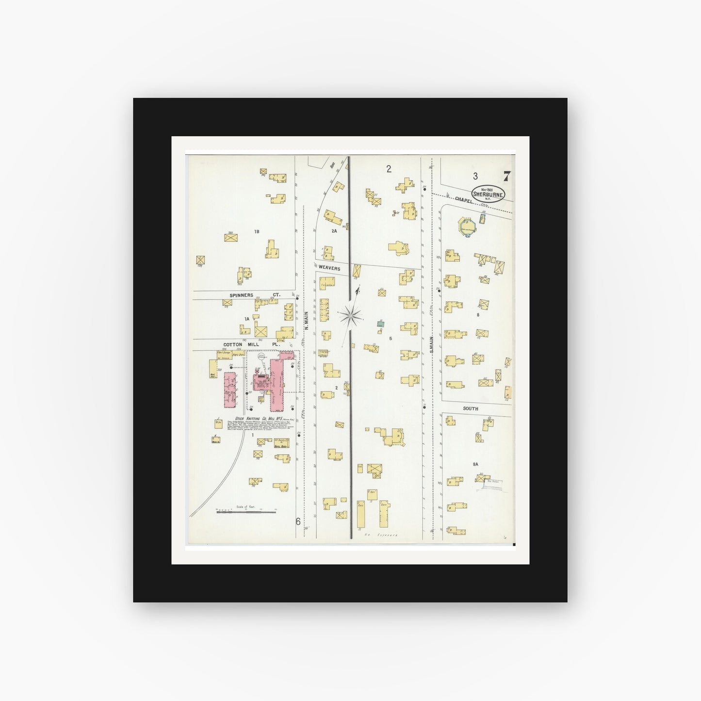 Old map wall art mockup — black gallery frame with white mat — Sanborn Fire Insurance Map from Sherburne, Chenango County, New York (1900), Sheet #0007