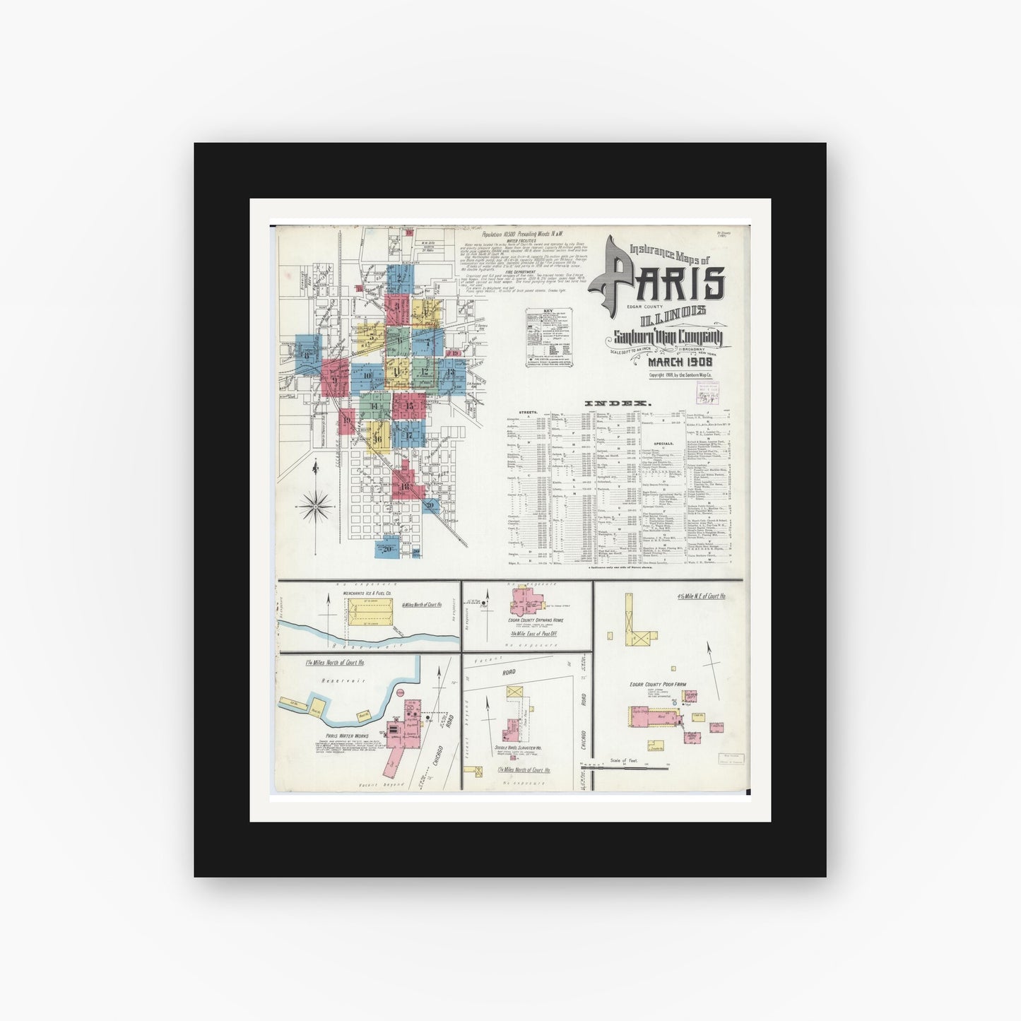 Old map wall art mockup — black gallery frame with white mat — Sanborn Fire Insurance Map from Paris, Edgar County, Illinois (1908) - Complete Map Set