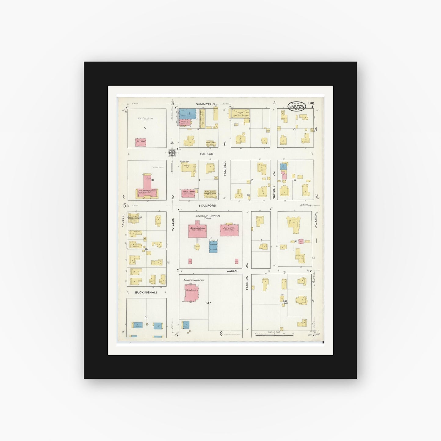 Old map wall art mockup — black gallery frame with white mat — Sanborn Fire Insurance Map from Bartow, Polk County, Florida (1917), Sheet #0007