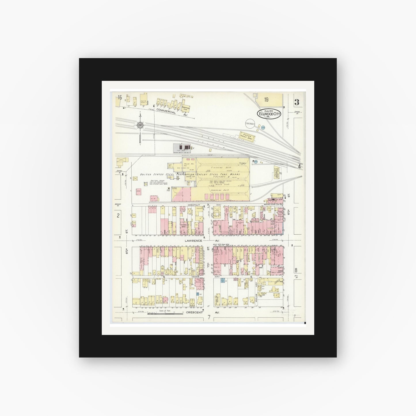 Old map wall art mockup — black gallery frame with white mat — Sanborn Fire Insurance Map from Ellwood City, Lawrence County, Pennsylvania (1914), Sheet #0003