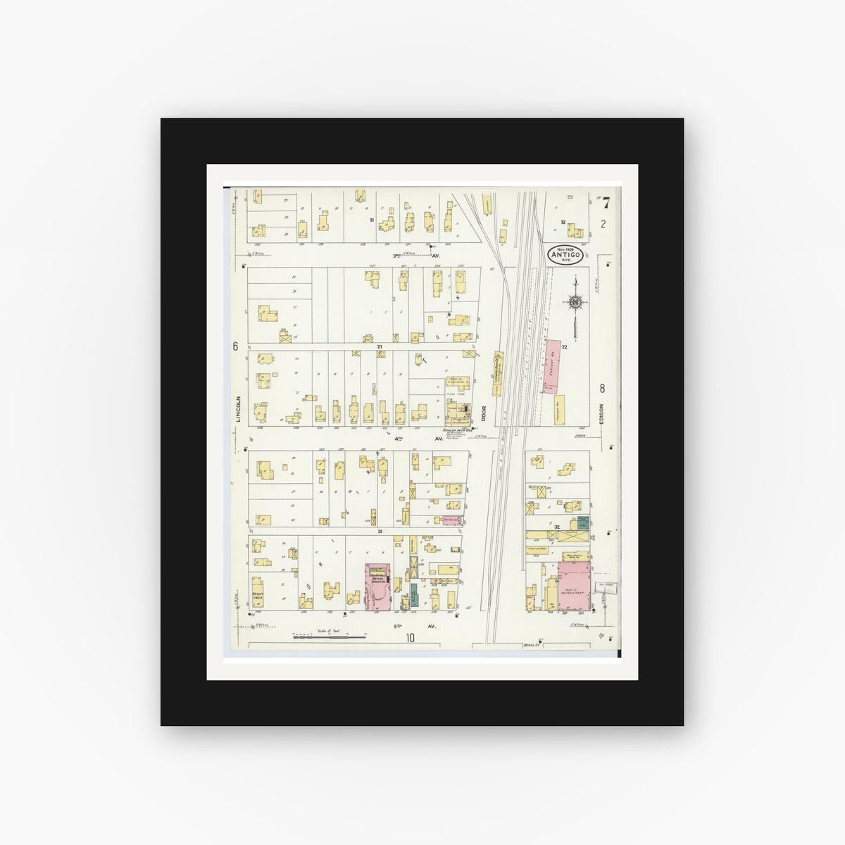 Old map wall art mockup — black gallery frame with white mat — Sanborn Fire Insurance Map from Antigo, Langlade County, Wisconsin (1909), Sheet #0007