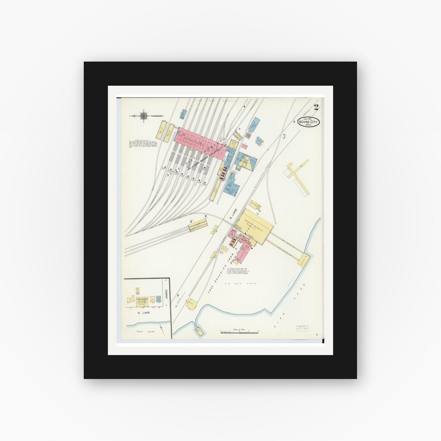 Old map wall art mockup — black gallery frame with white mat — Sanborn Fire Insurance Map from Boyne City, Charlevoix County, Michigan (1911), Sheet #0002