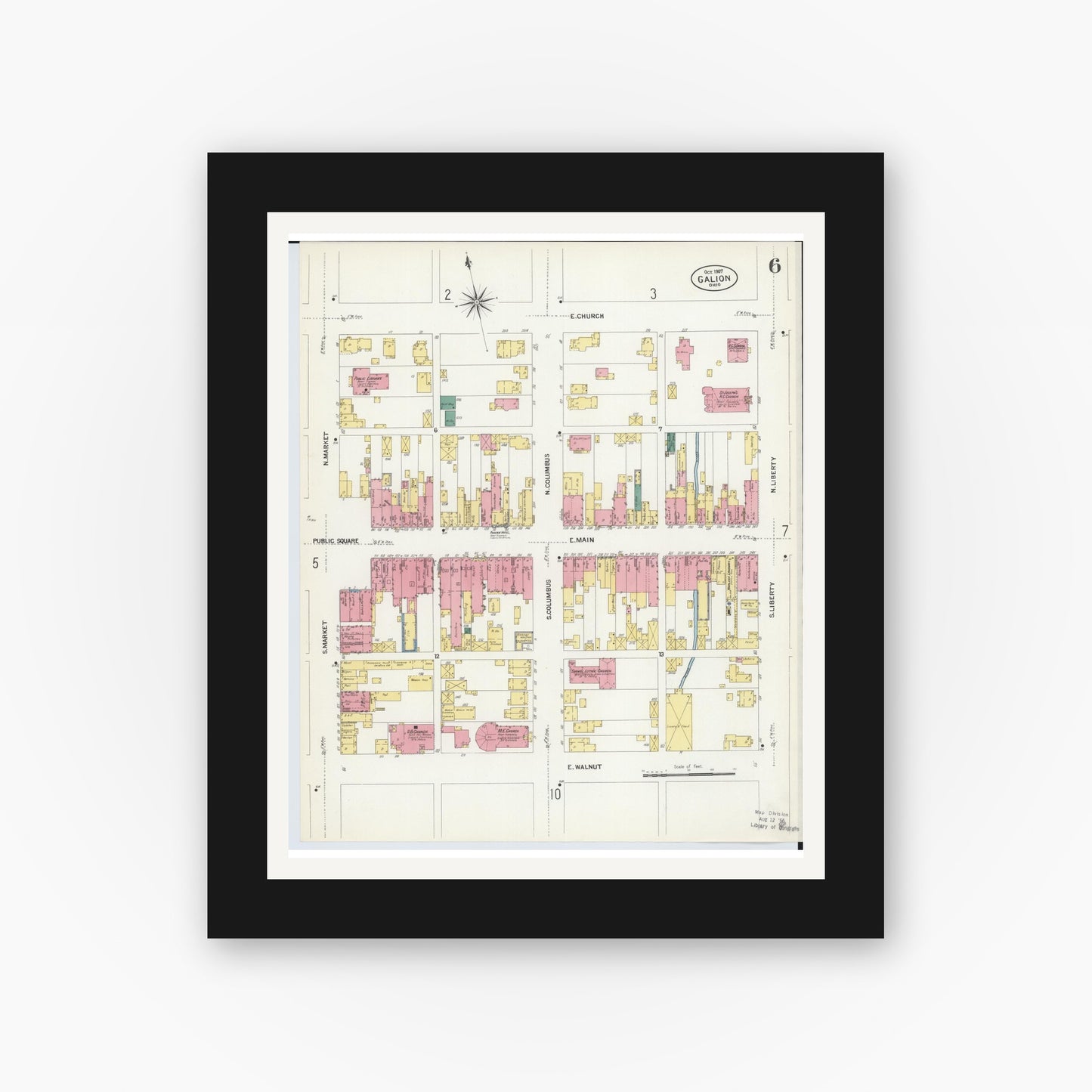 Old map wall art mockup — black gallery frame with white mat — Sanborn Fire Insurance Map from Galion, Crawford County, Ohio (1907), Sheet #0006