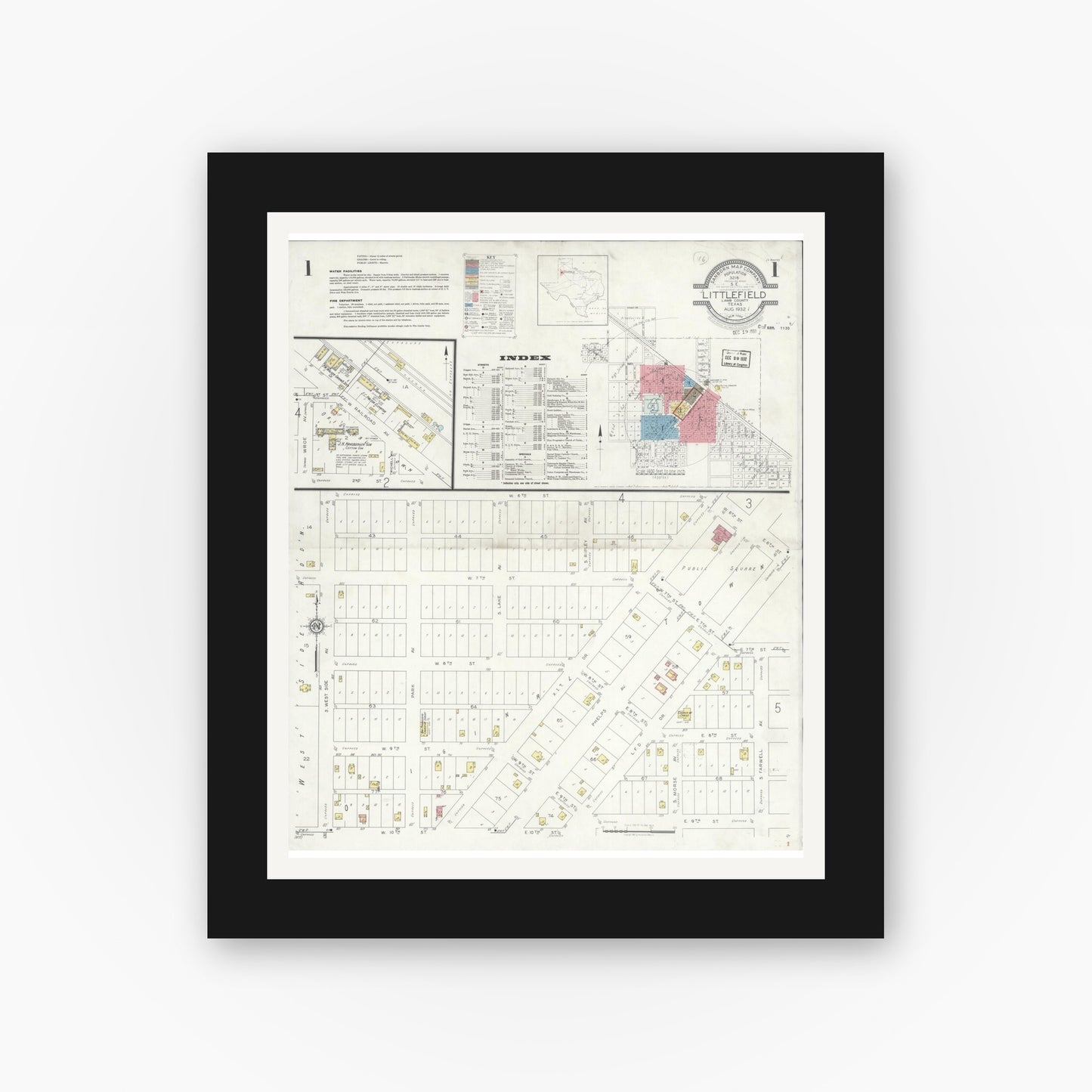 Old map wall art mockup — black gallery frame with white mat — Sanborn Fire Insurance Map from Littlefield, Lamb County, Texas (1932), Sheet #0001