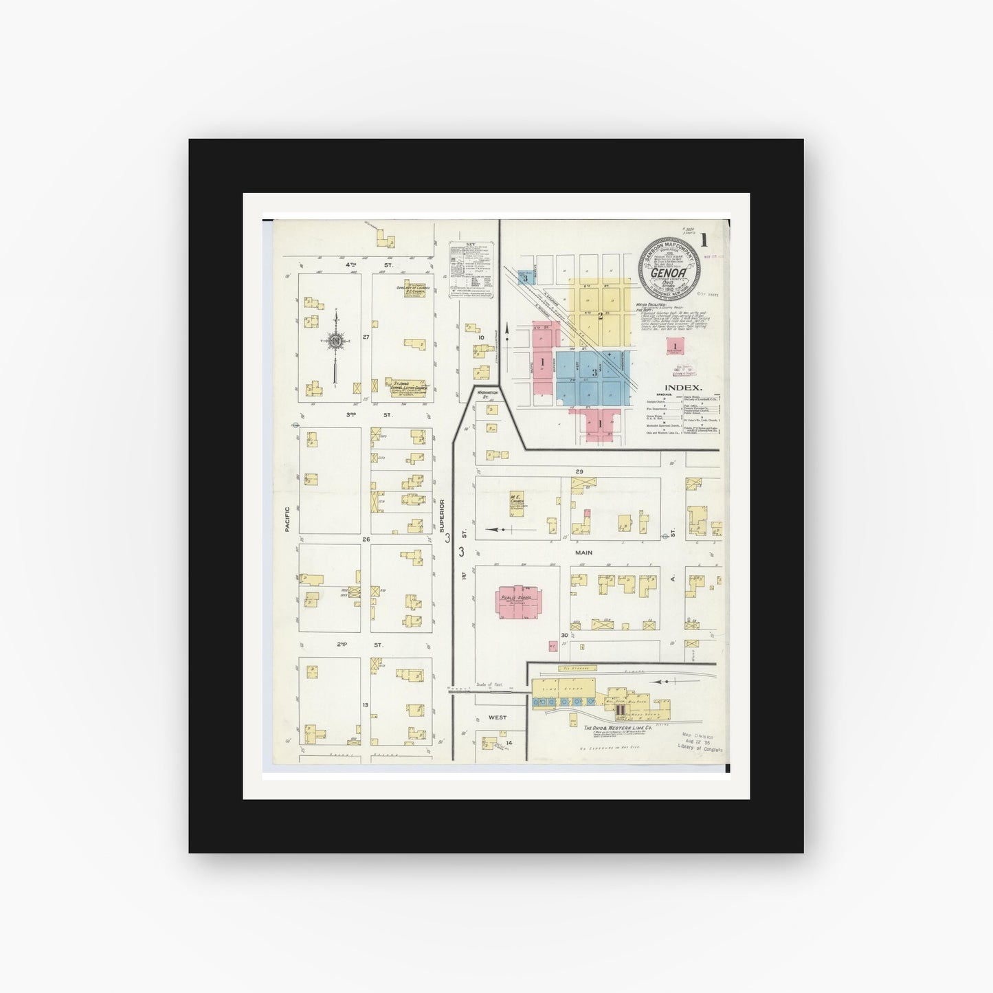 Old map wall art mockup β black gallery frame with white mat β Sanborn Fire Insurance Map from Genoa, Ottawa County, Ohio (1910) - Complete Map Set