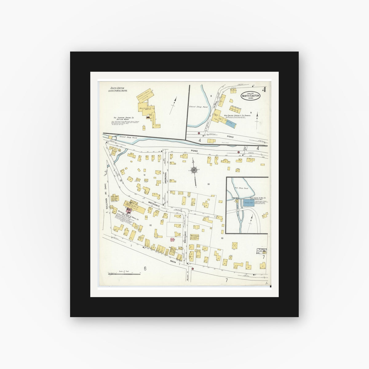 Old map wall art mockup — black gallery frame with white mat — Sanborn Fire Insurance Map from North Easton, Bristol County, Massachusetts (1911), Sheet #0004