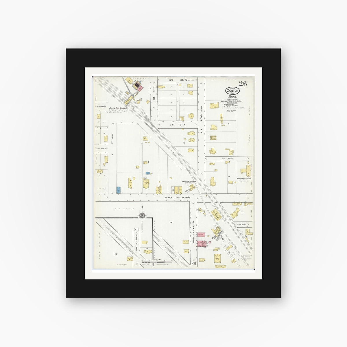 Old map wall art mockup — black gallery frame with white mat — Sanborn Fire Insurance Map from Canton, Fulton County, Illinois (1917), Sheet #0026