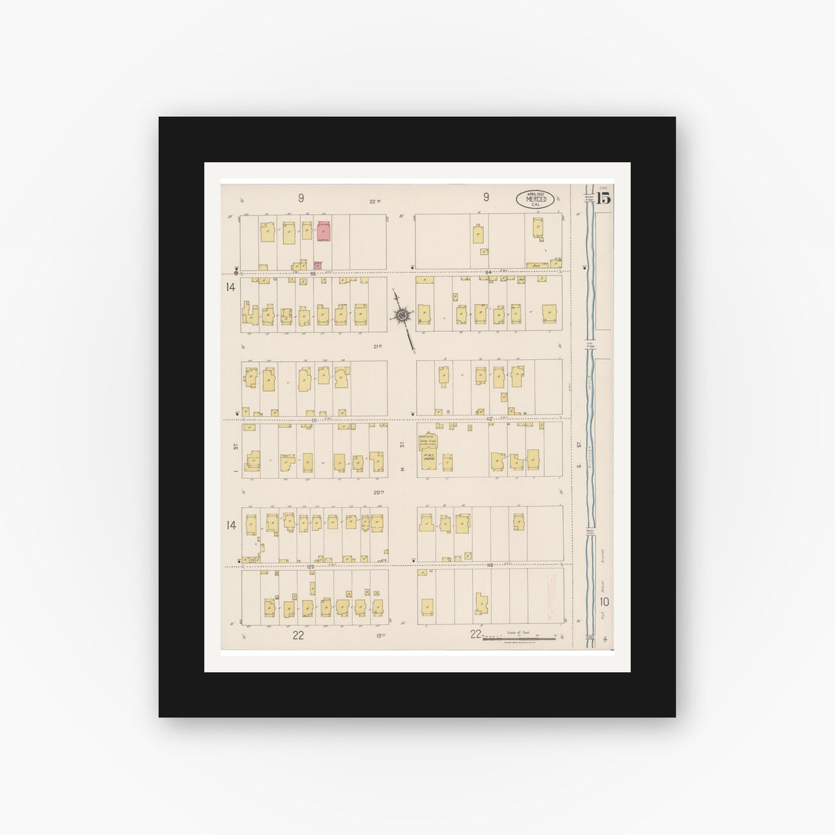 Old map wall art mockup — black gallery frame with white mat — Sanborn Fire Insurance Map from Merced, Merced County, California (1922), Sheet #0015