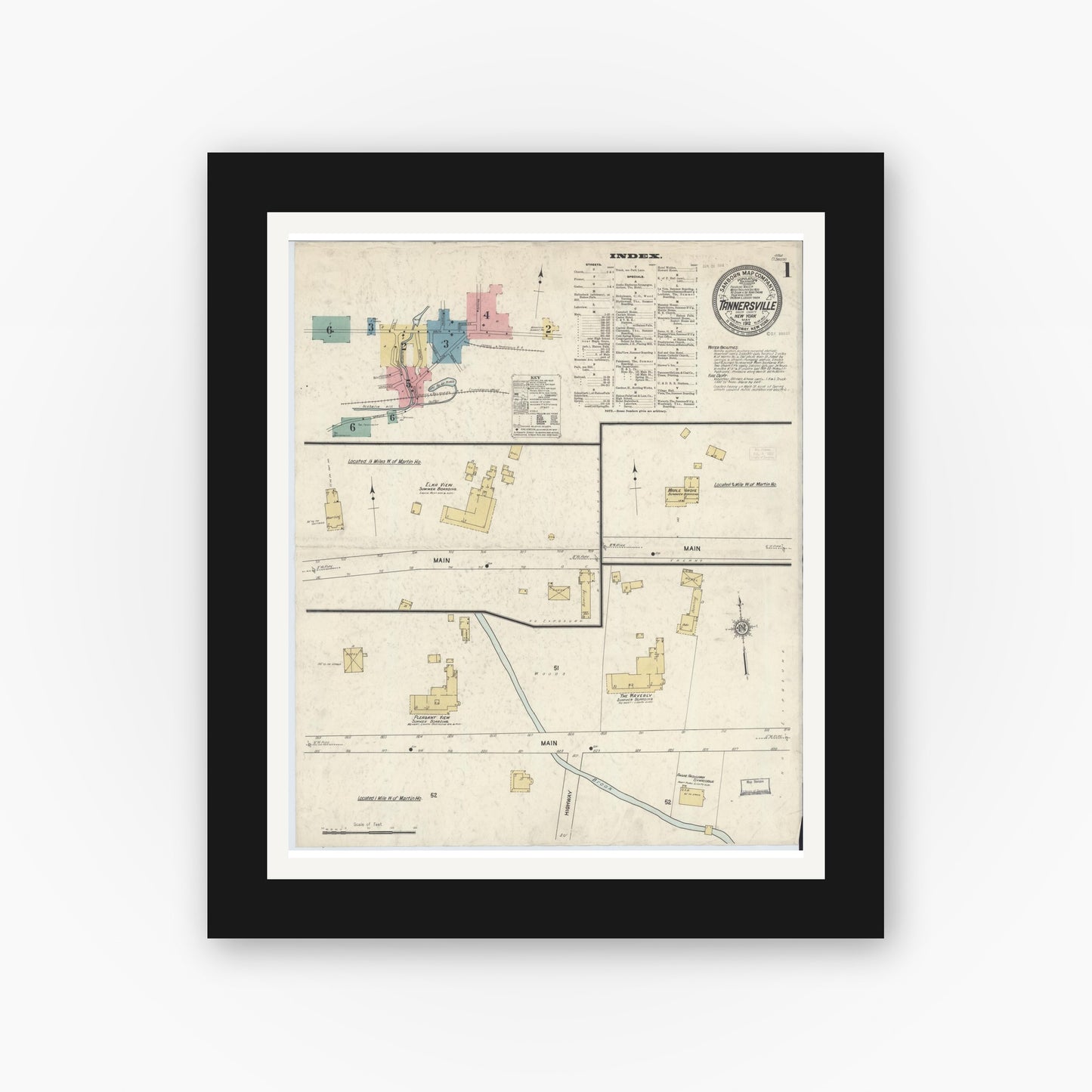 Old map wall art mockup — black gallery frame with white mat — Sanborn Fire Insurance Map from Tannersville, Greene County, New York (1912) - Complete Map Set