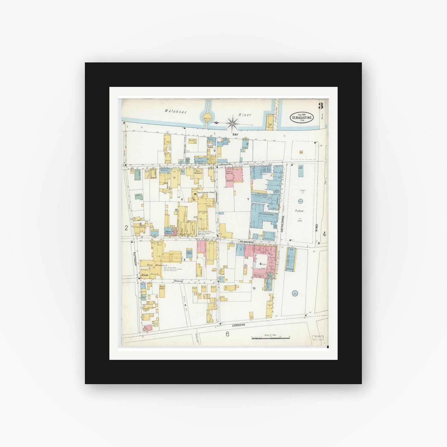 Old map wall art mockup — black gallery frame with white mat — Sanborn Fire Insurance Map from Saint Augustine, Saint John's County, Florida (1899), Sheet #0003