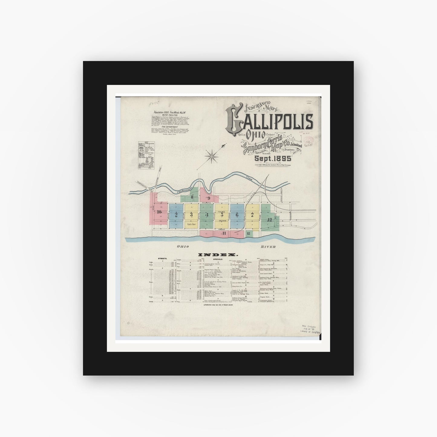 Old map wall art mockup — black gallery frame with white mat — Sanborn Fire Insurance Map from Gallipolis, Gallia County, Ohio (1895), Sheet #0001