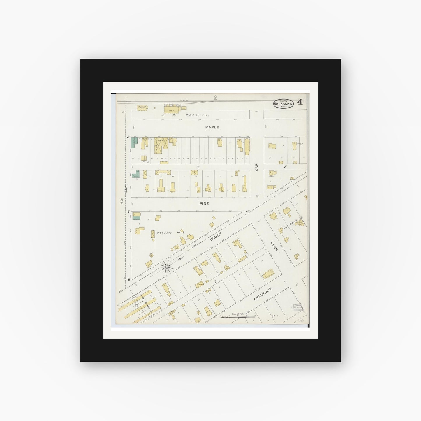 Old map wall art mockup — black gallery frame with white mat — Sanborn Fire Insurance Map from Kalkaska, Kalkaska County, Michigan (1894), Sheet #0004