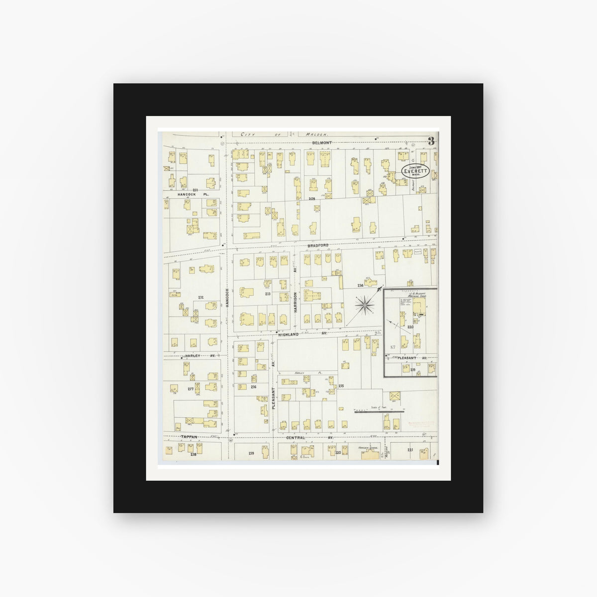 Old map wall art mockup — black gallery frame with white mat — Sanborn Fire Insurance Map from Everett, Middlesex County, Massachusetts (1897), Sheet #0003