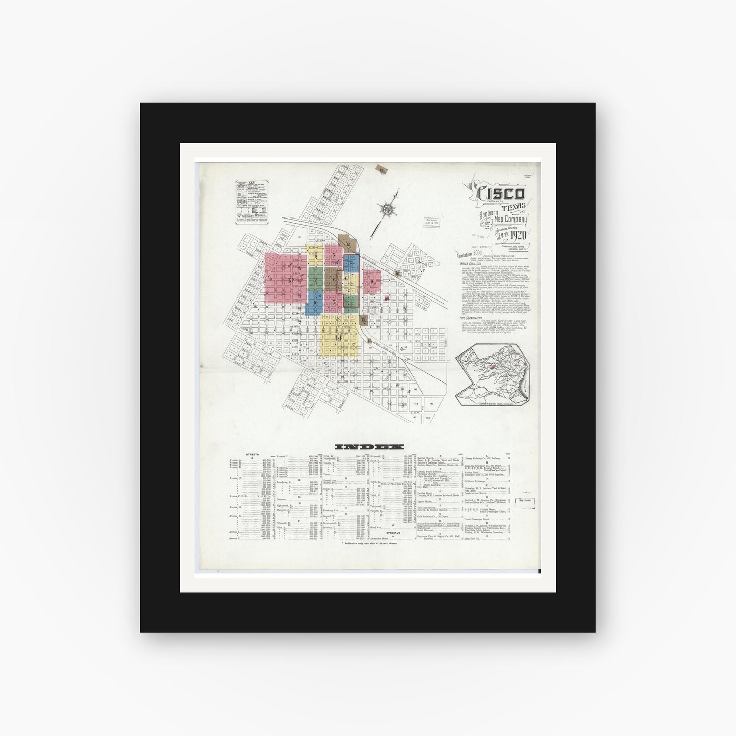 Old map wall art mockup — black gallery frame with white mat — Sanborn Fire Insurance Map from Cisco, Eastland County, Texas (1920) - Complete Map Set