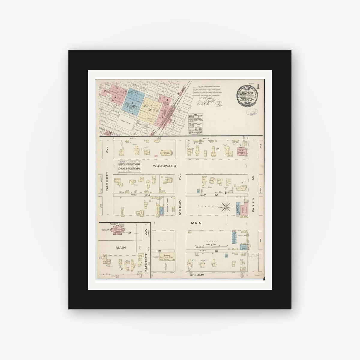 Old map wall art mockup — black gallery frame with white mat — Sanborn Fire Insurance Map from Denison, Grayson County, Texas (1885), Sheet #0001
