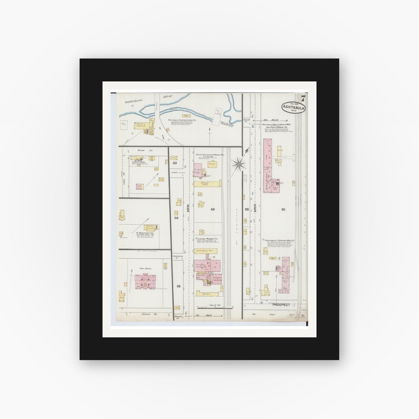 Old map wall art mockup — black gallery frame with white mat — Sanborn Fire Insurance Map from Ashtabula, Ashtabula County, Ohio (1889), Sheet #0007