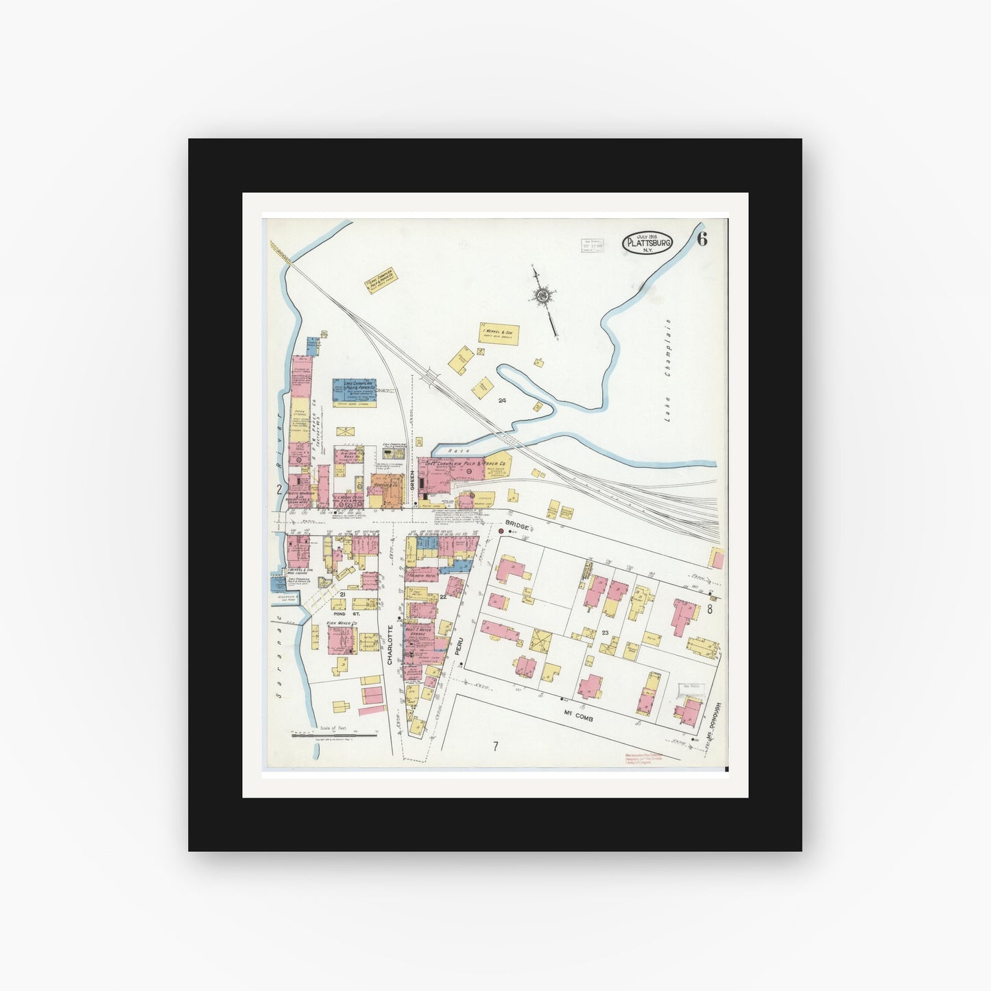 Old map wall art mockup — black gallery frame with white mat — Sanborn Fire Insurance Map from Plattsburg, Clinton County, New York (1918), Sheet #0006