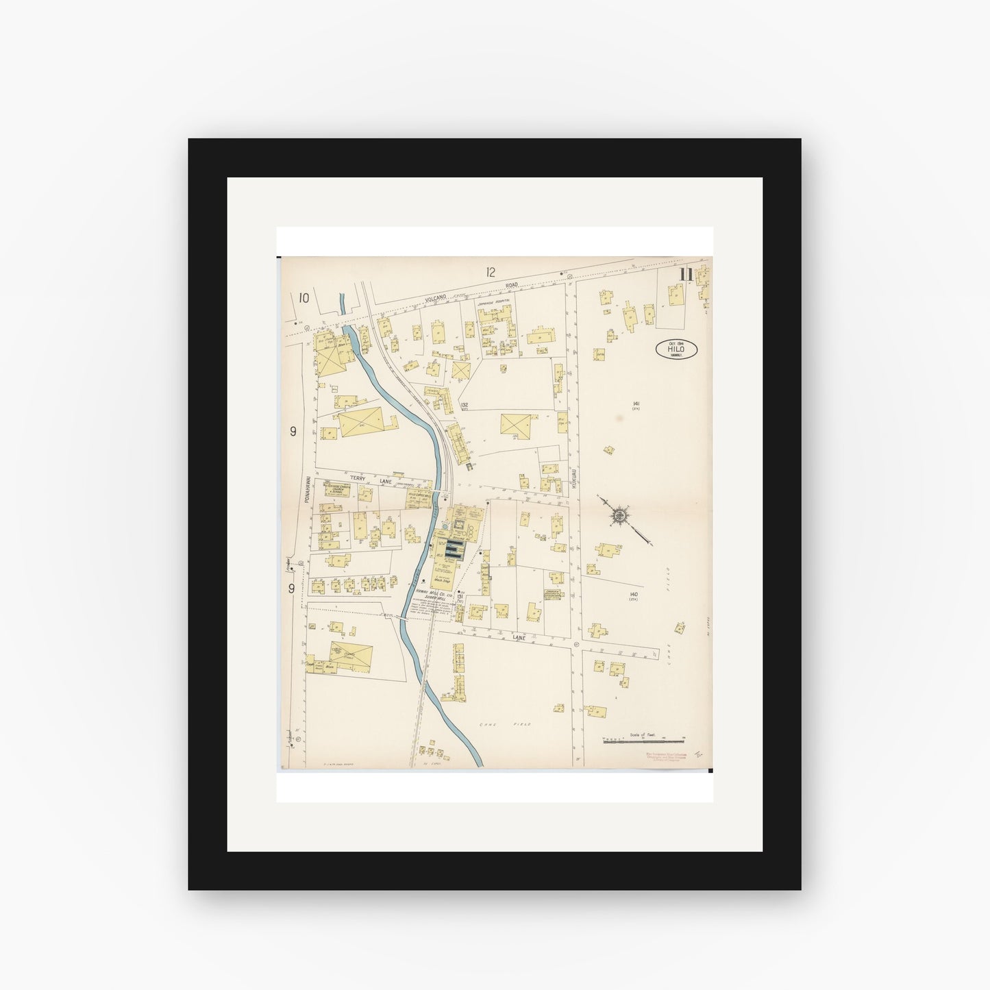 Old map wall art mockup — black gallery frame with white mat — Sanborn Fire Insurance Map from Hilo, Hawaii County, Hawaii (1914), Sheet #0011