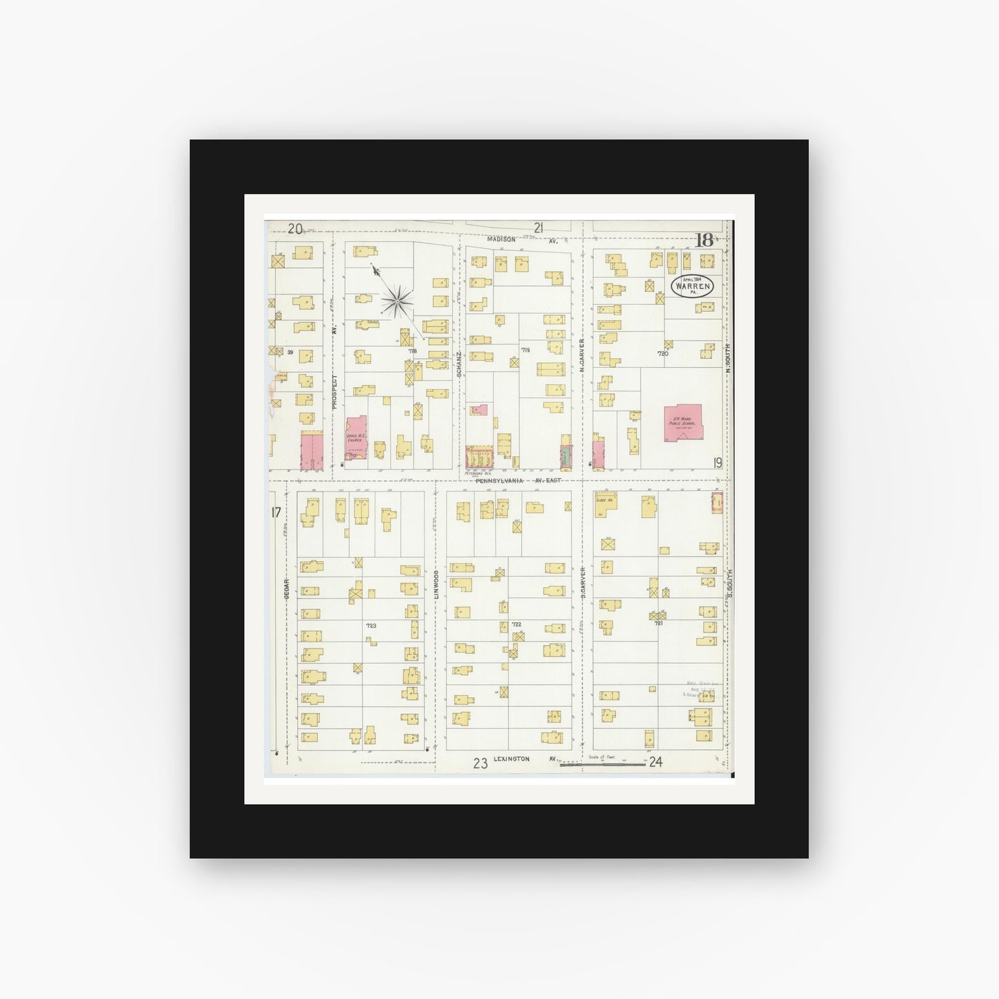 Old map wall art mockup — black gallery frame with white mat — Sanborn Fire Insurance Map from Warren, Warren County, Pennsylvania (1904), Sheet #0018