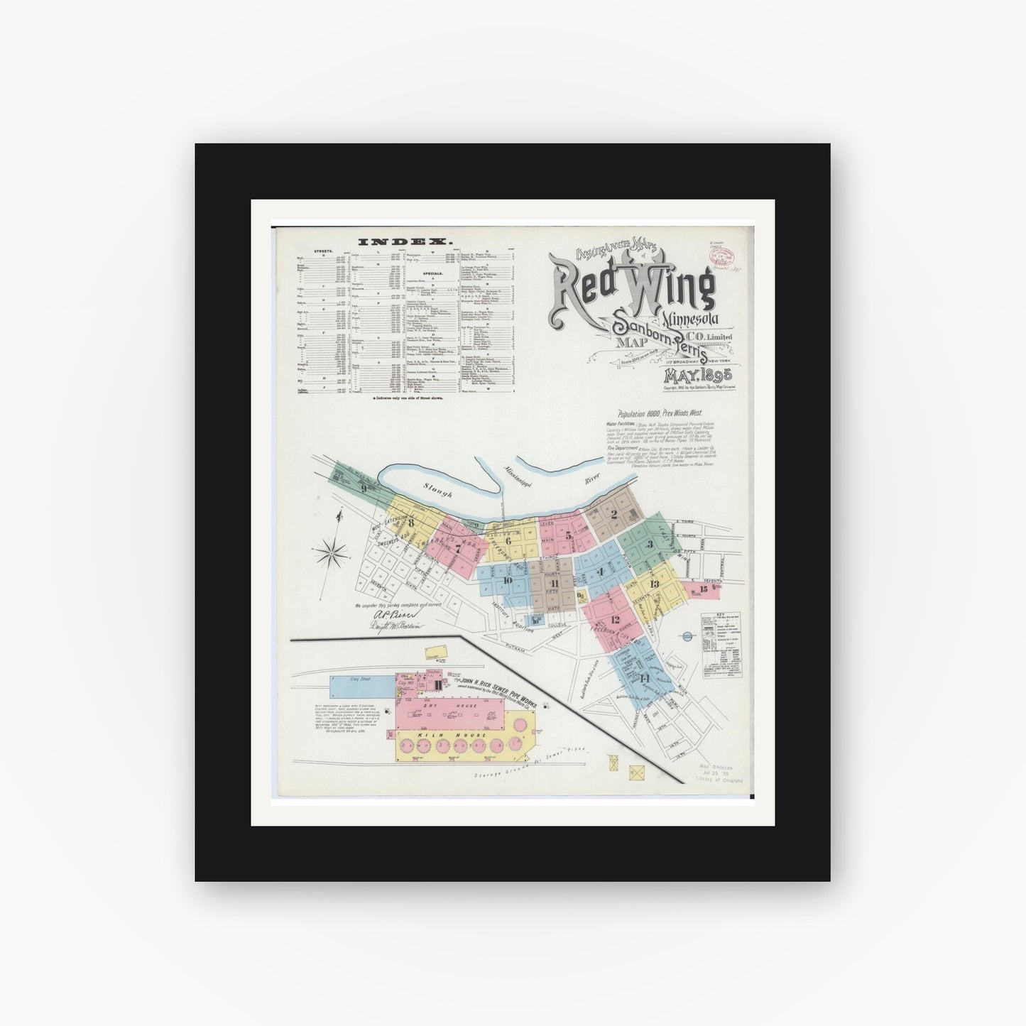 Old map wall art mockup — black gallery frame with white mat — Sanborn Fire Insurance Map from Red Wing, Goodhue County, Minnesota (1895) - Complete Map Set