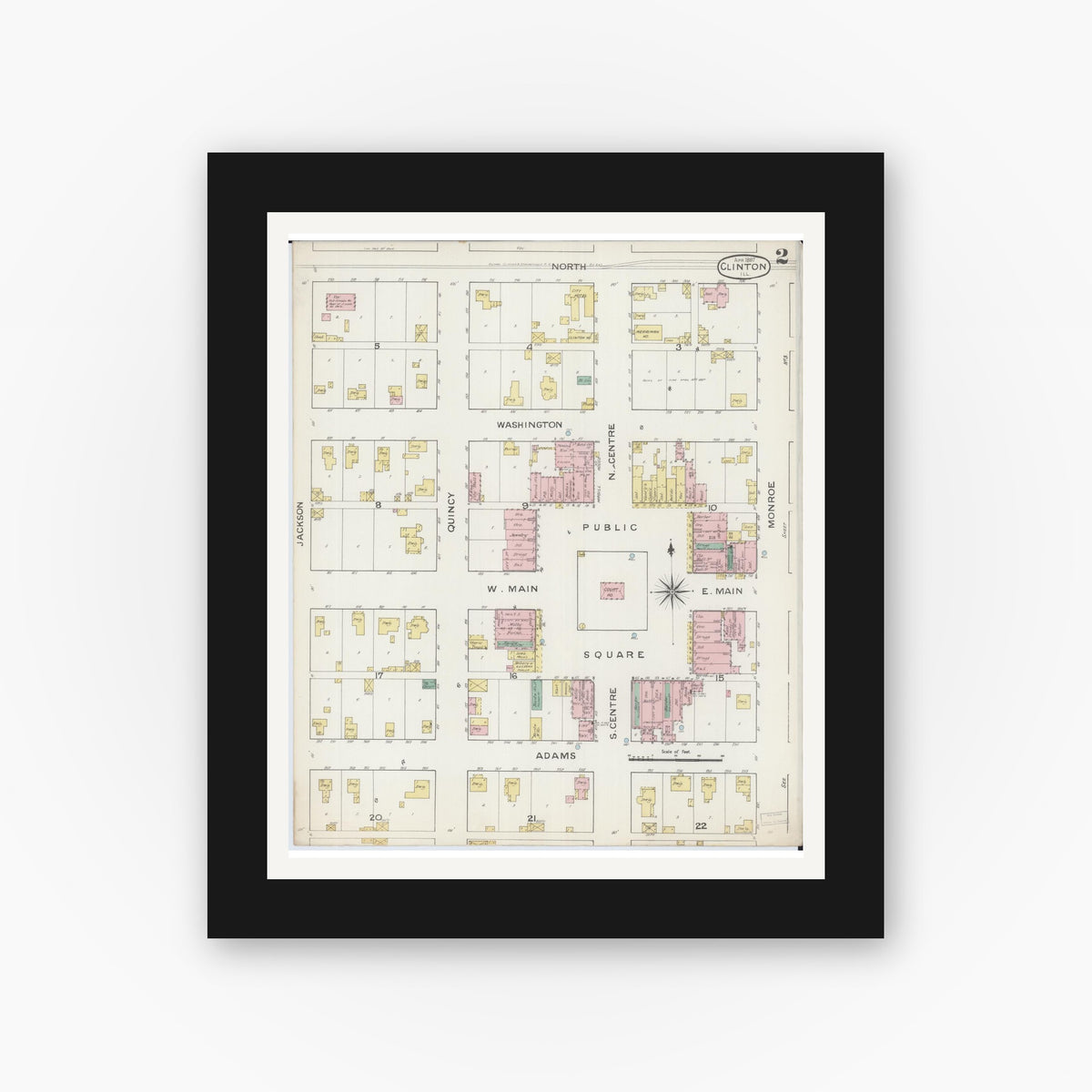 Old map wall art mockup — black gallery frame with white mat — Sanborn Fire Insurance Map from Clinton, De Witt County, Illinois (1887), Sheet #0002