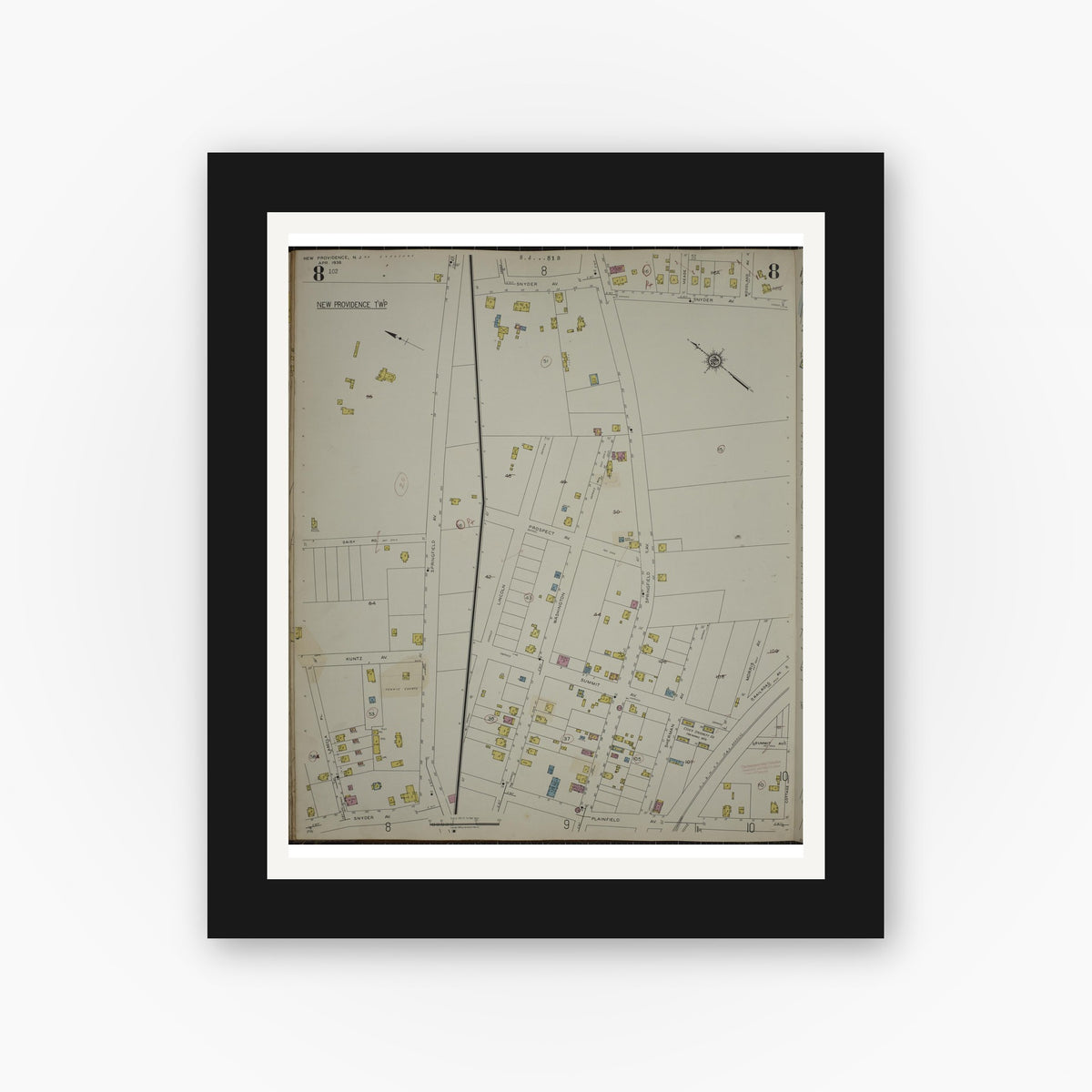 Old map wall art mockup — black gallery frame with white mat — Sanborn Fire Insurance Map from New Providence, Union County, New Jersey (1944), Sheet #0008