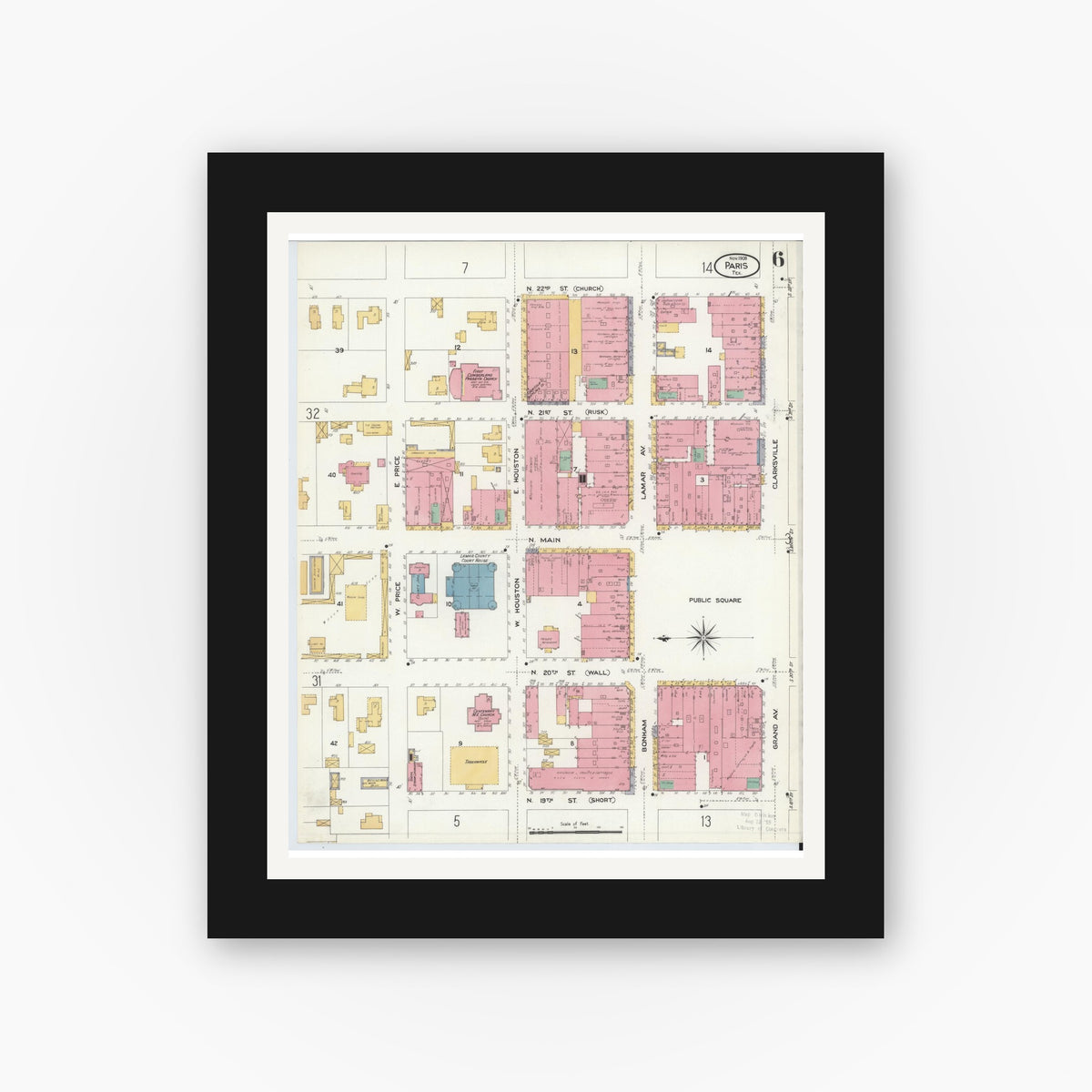 Old map wall art mockup — black gallery frame with white mat — Sanborn Fire Insurance Map from Paris, Lamar County, Texas (1908), Sheet #0006