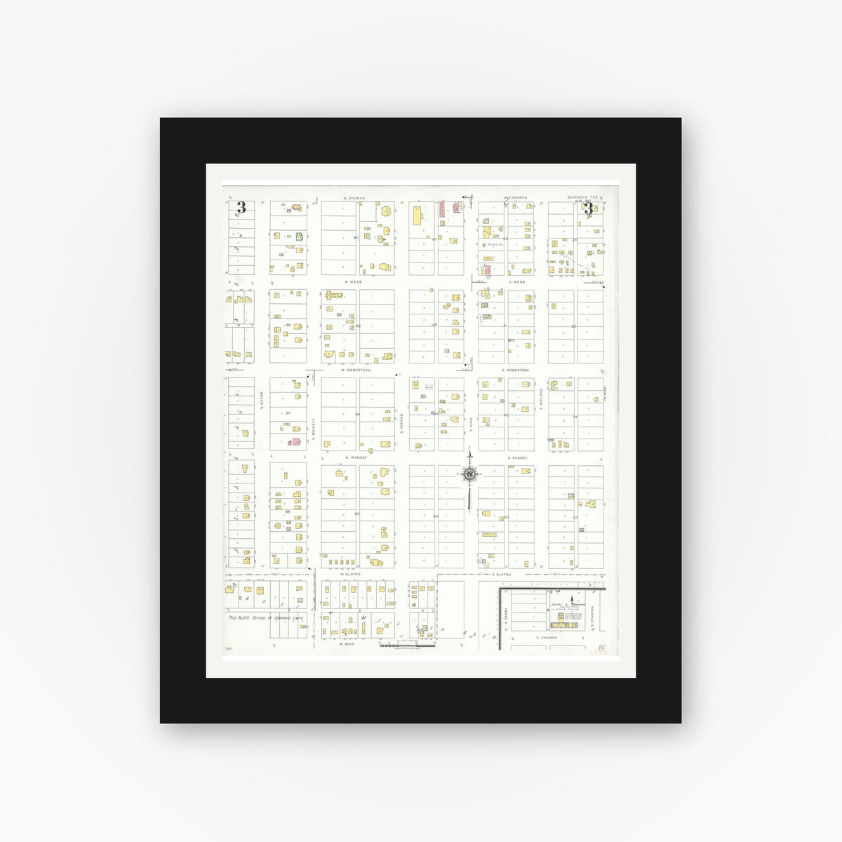 Old map wall art mockup — black gallery frame with white mat — Sanborn Fire Insurance Map from Seminole, Gaines County, Texas (1941), Sheet #0003