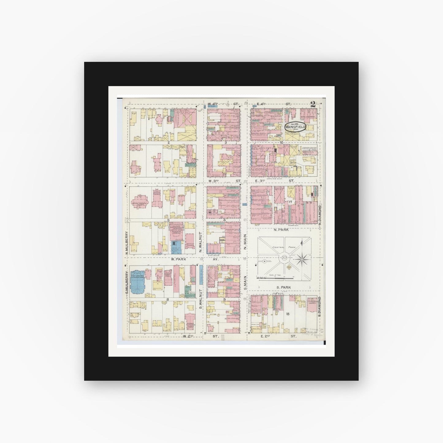 Old map wall art mockup — black gallery frame with white mat — Sanborn Fire Insurance Map from Mansfield, Richland County, Ohio (1892), Sheet #0002