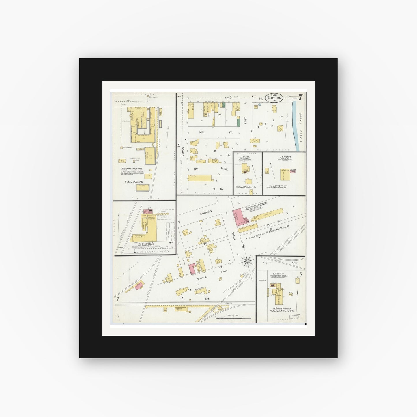Old map wall art mockup — black gallery frame with white mat — Sanborn Fire Insurance Map from Auburn, De Kalb County, Indiana (1901), Sheet #0007