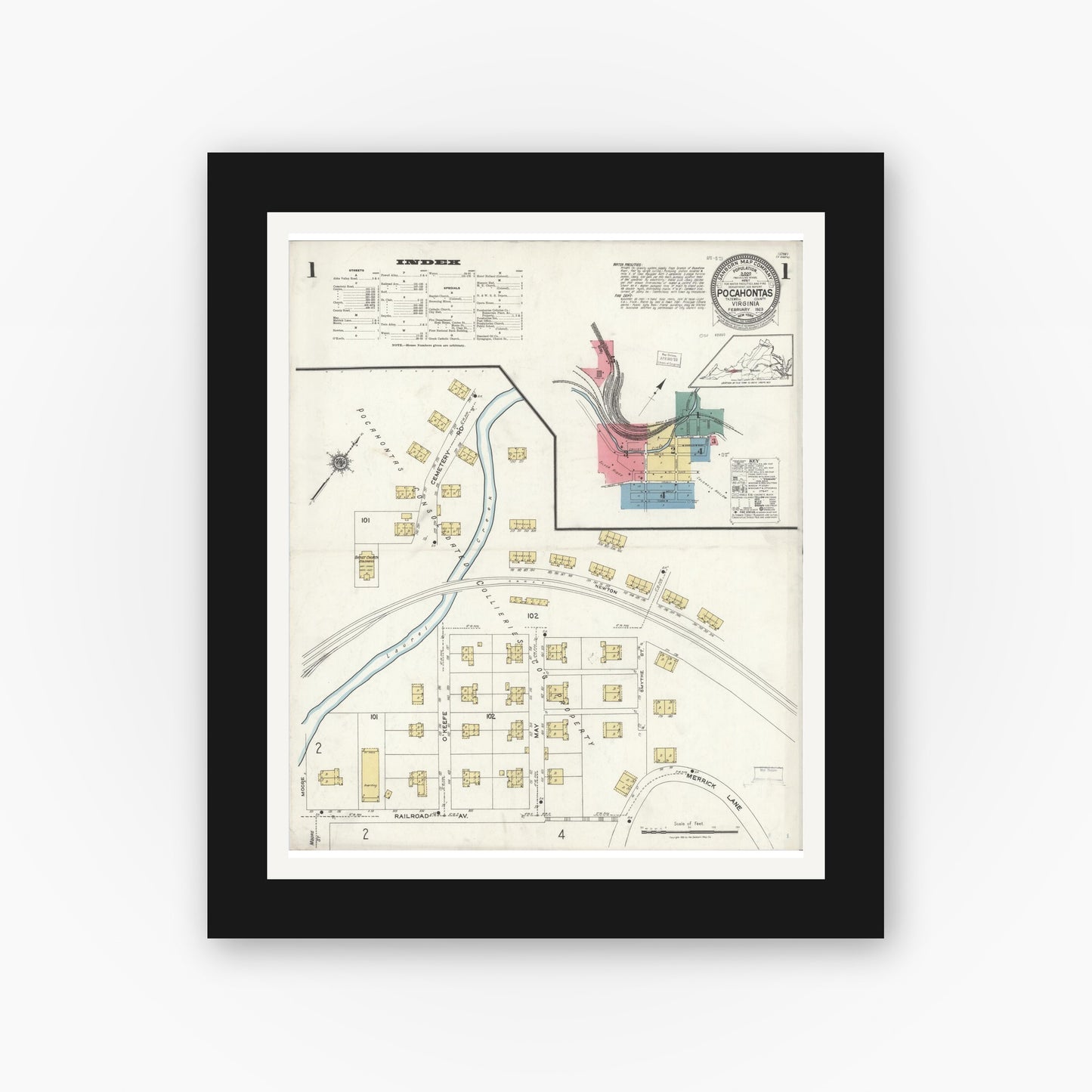 Old map wall art mockup — black gallery frame with white mat — Sanborn Fire Insurance Map from Pocahontas, Tazewell County, Virginia (1923) - Complete Map Set