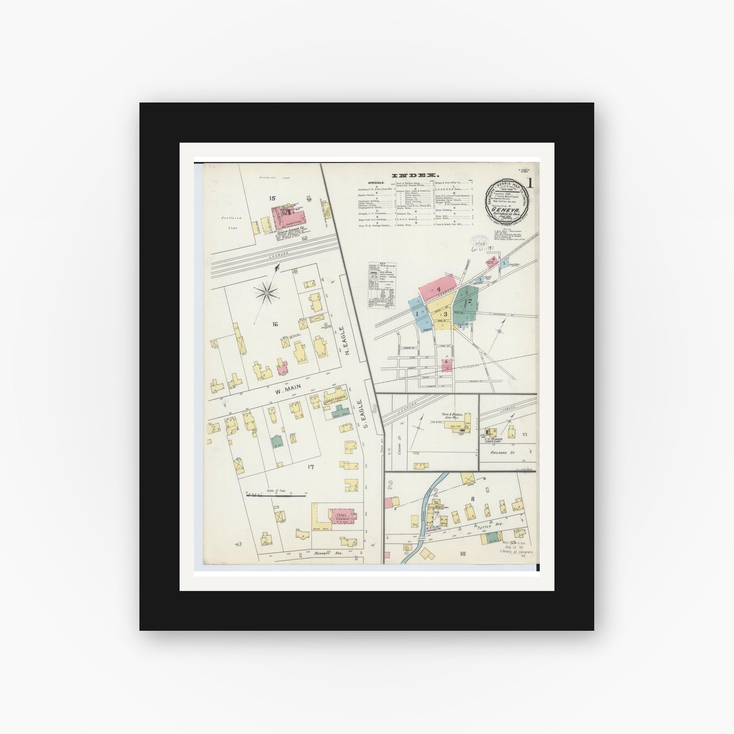 Old map wall art mockup — black gallery frame with white mat — Sanborn Fire Insurance Map from Geneva, Ashtabula County, Ohio (1893), Sheet #0001