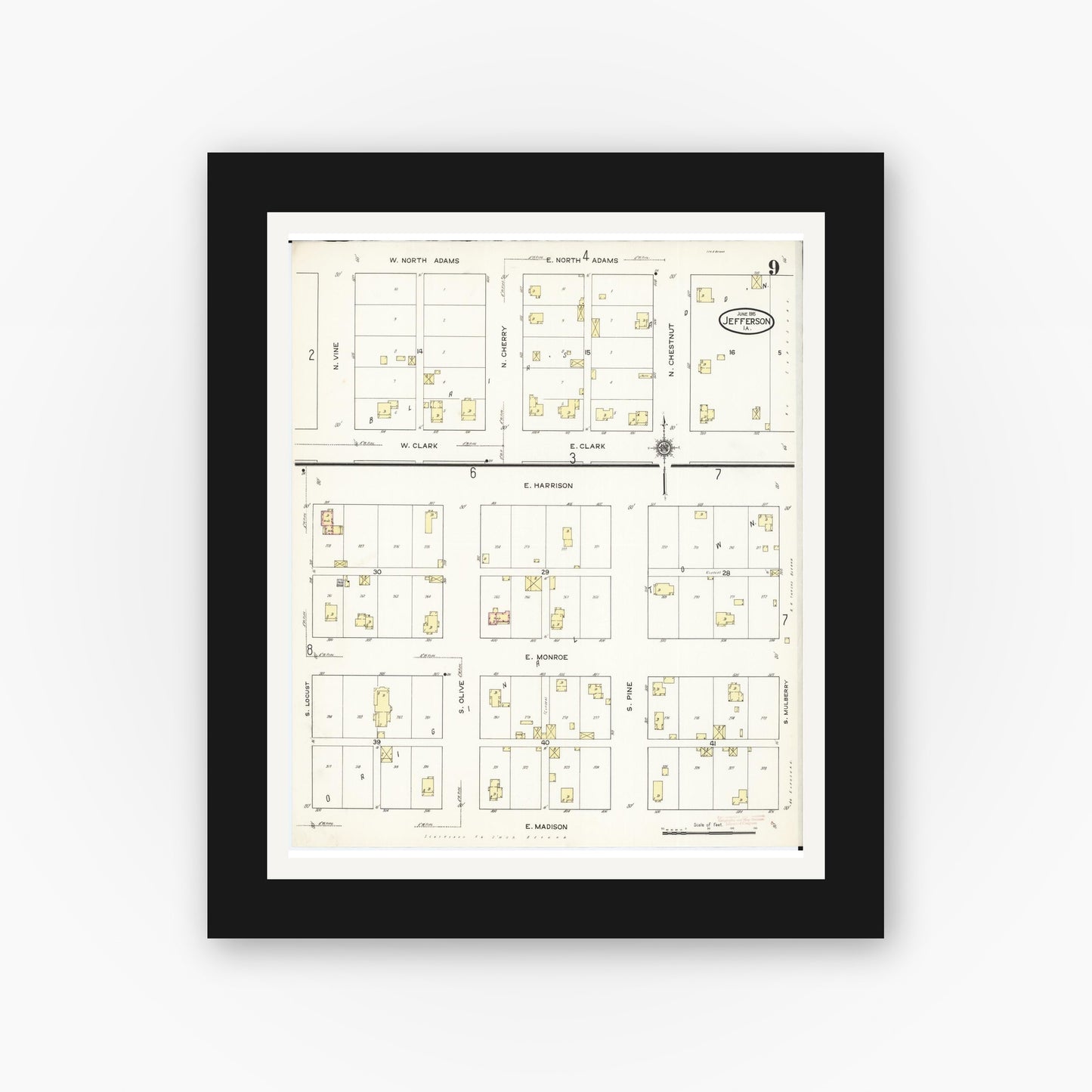 Old map wall art mockup — black gallery frame with white mat — Sanborn Fire Insurance Map from Jefferson, Greene County, Iowa (1915), Sheet #0009