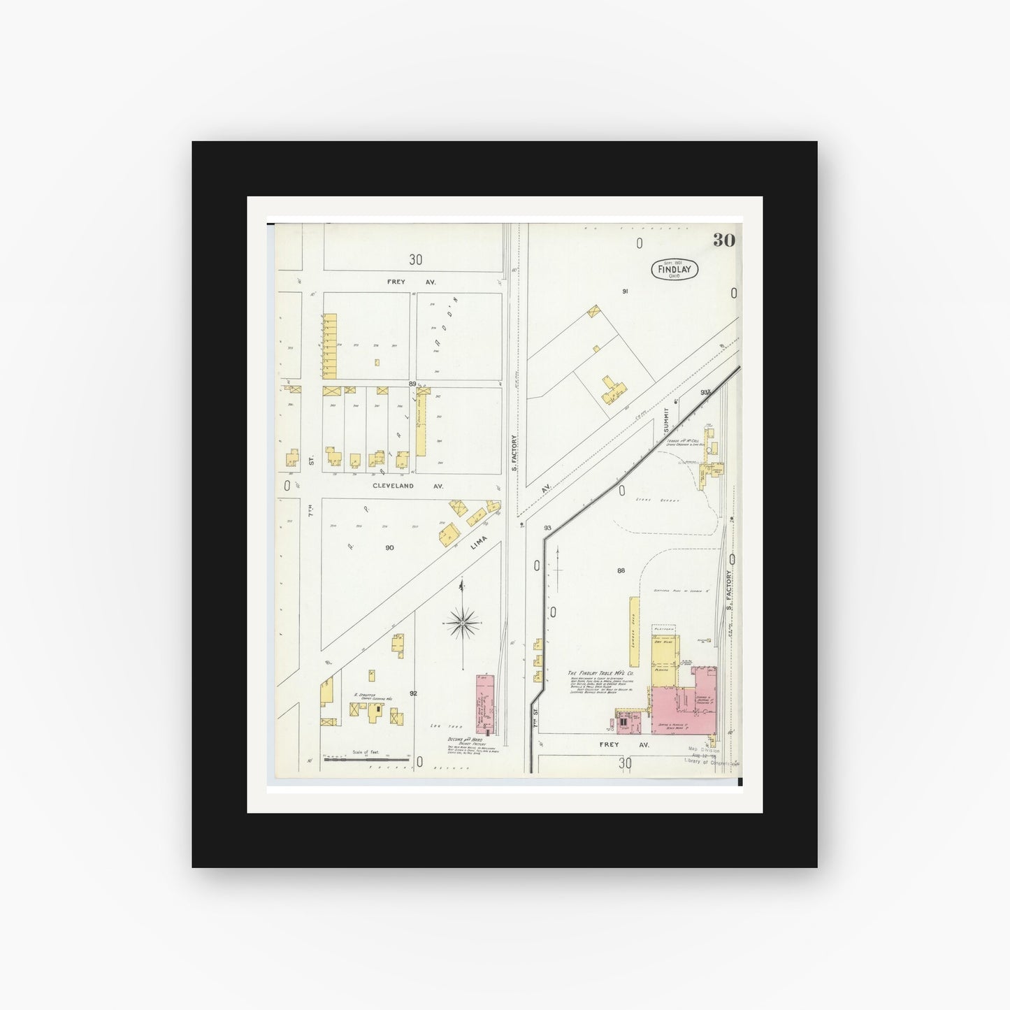 Old map wall art mockup — black gallery frame with white mat — Sanborn Fire Insurance Map from Findlay, Hancock County, Ohio (1901), Sheet #0030