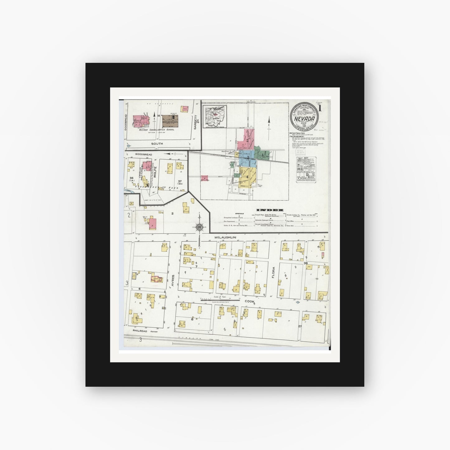 Old map wall art mockup — black gallery frame with white mat — Sanborn Fire Insurance Map from Nevada, Wyandot County, Ohio (1921) - Complete Map Set