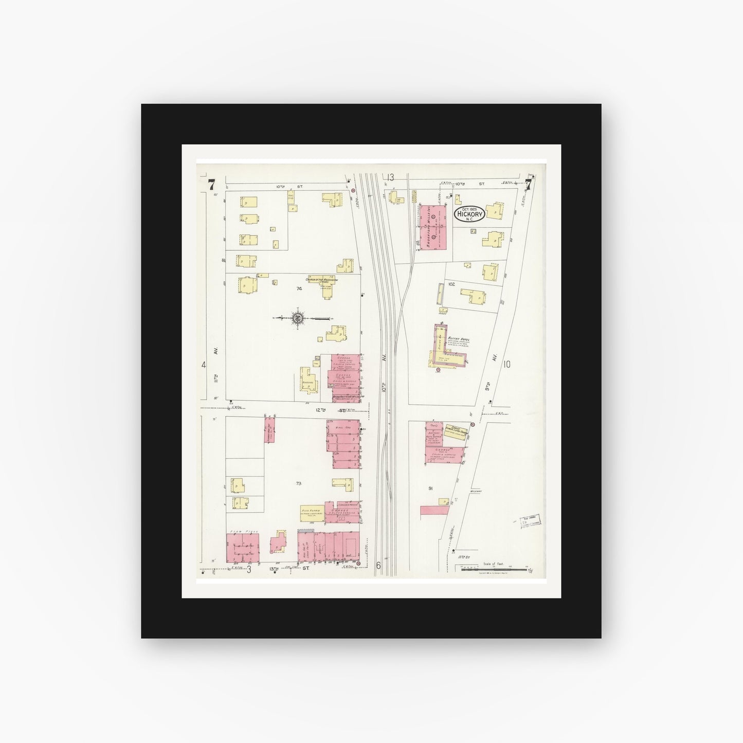 Old map wall art mockup — black gallery frame with white mat — Sanborn Fire Insurance Map from Hickory, Catawba County, North Carolina (1925), Sheet #0007
