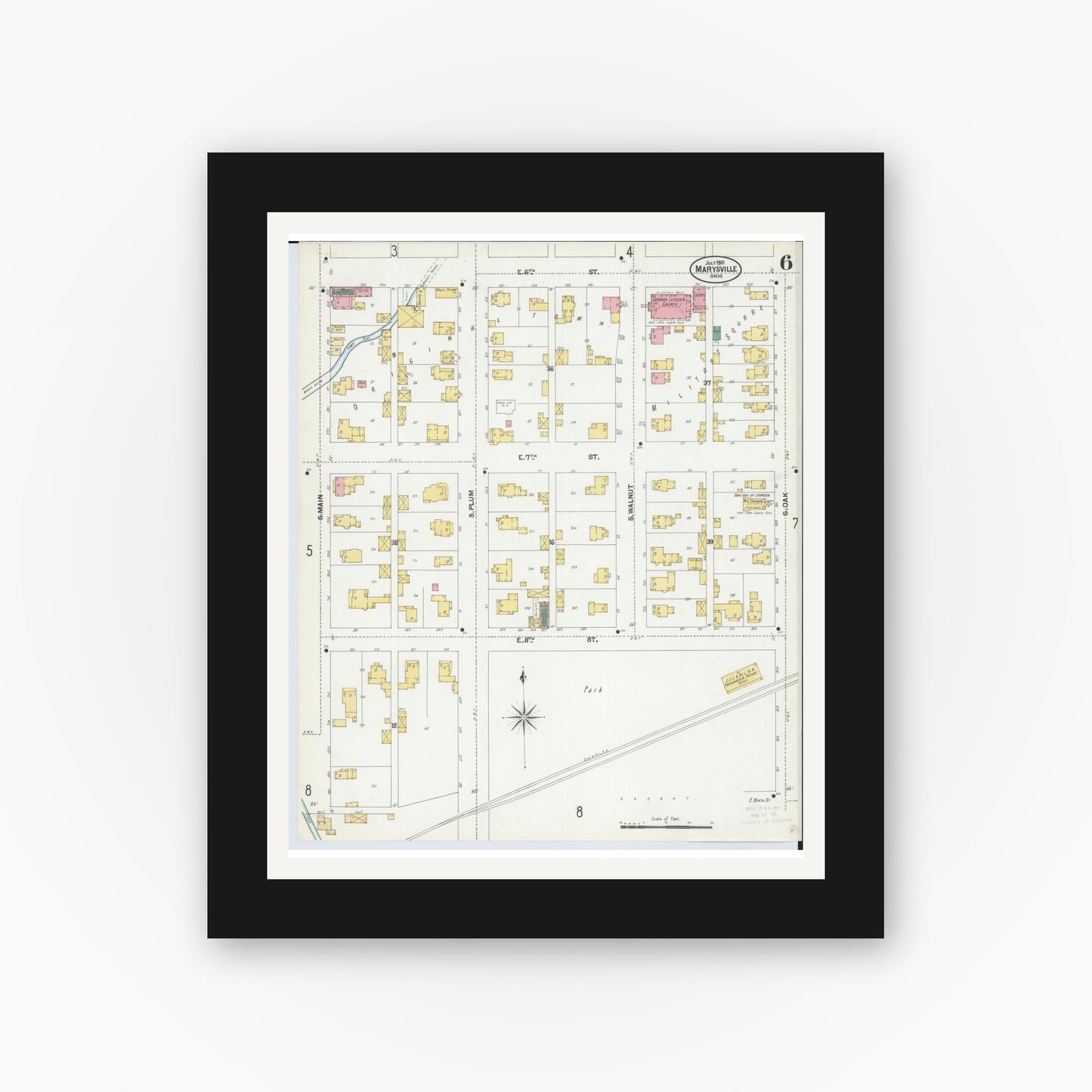 Old map wall art mockup — black gallery frame with white mat — Sanborn Fire Insurance Map from Marysville, Union County, Ohio (1901), Sheet #0006