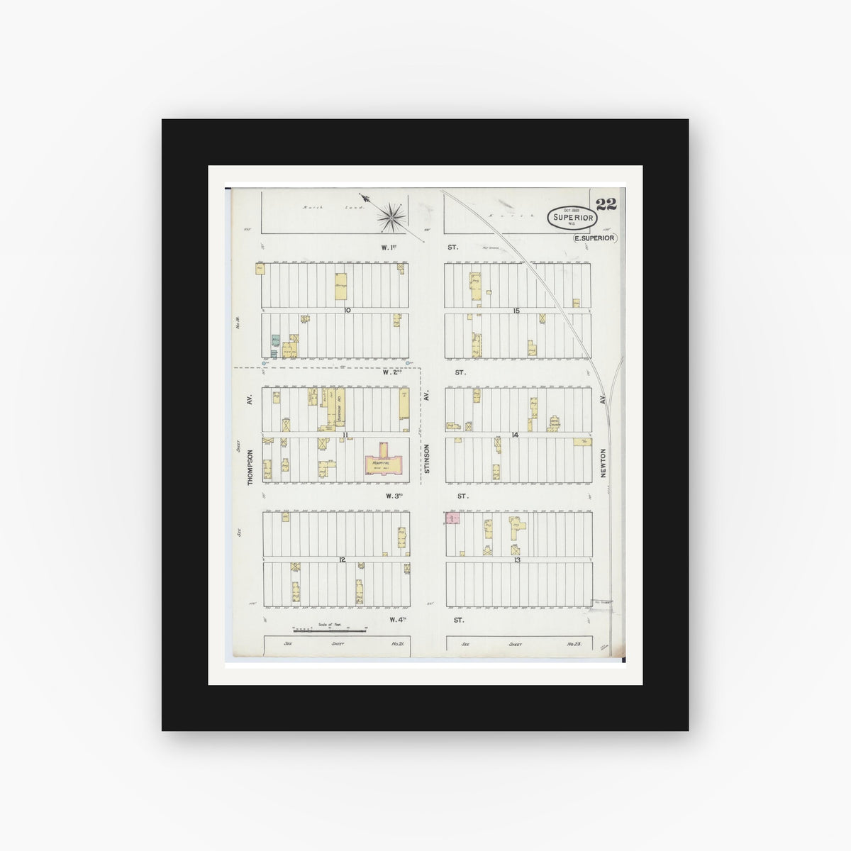Old map wall art mockup — black gallery frame with white mat — Sanborn Fire Insurance Map from Superior, Douglas County, Wisconsin (1887), Sheet #0022